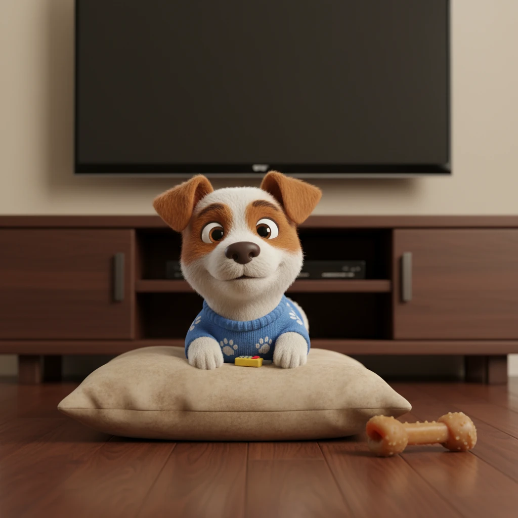 Her favorite spot is a worn, comfortable cushion directly in front of the entertainment center, perfectly angled for optimal viewing. A half-eaten chew toy lies forgotten beside her, proof that even delicious treats can't distract her from her screen time. The polished wooden floor reflects the ambient light, adding depth to the scene.
