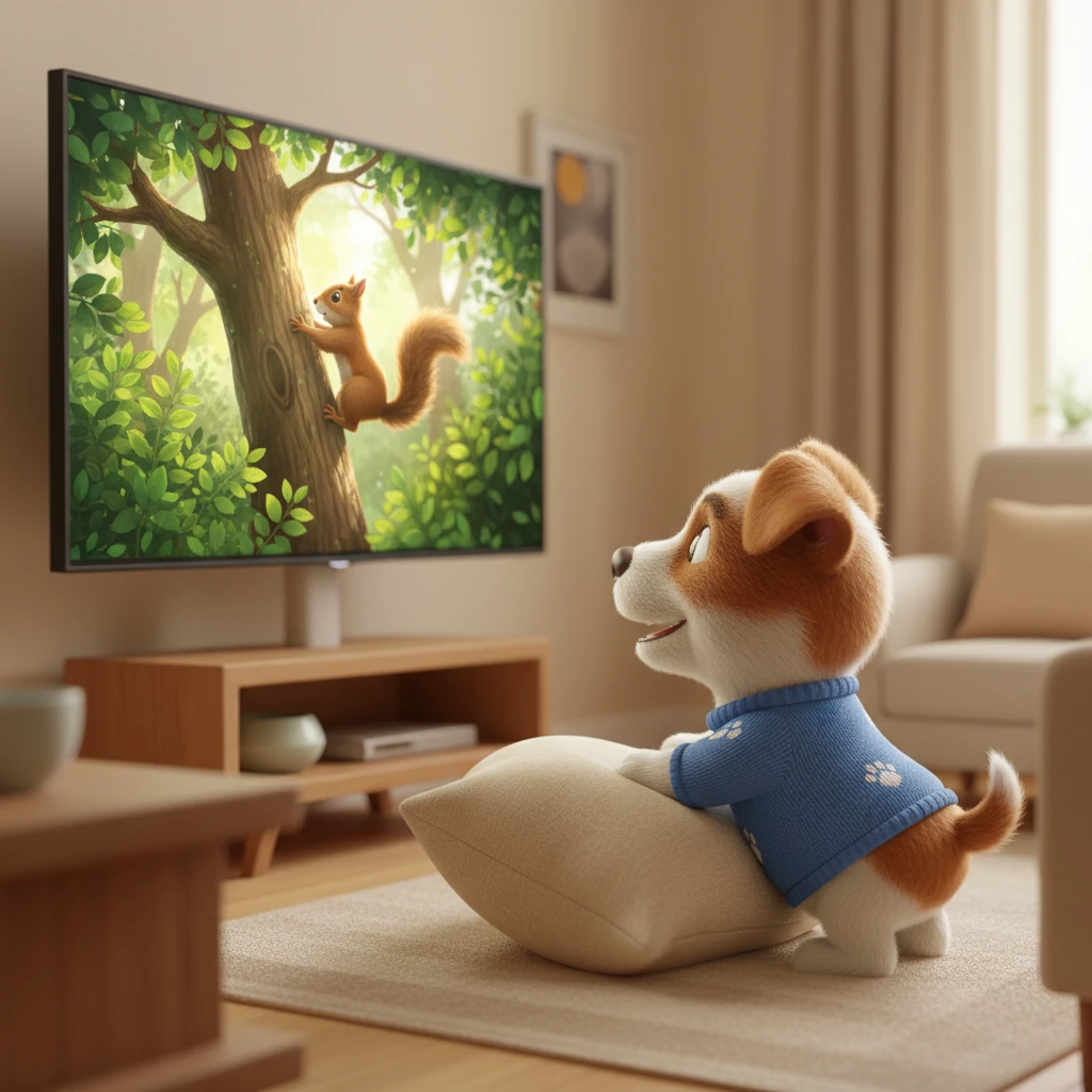 Today, a nature documentary about squirrels has captured her full attention. Her ears are perked, and a tiny, excited whimper escapes her as a squirrel scurries across the screen. The vibrant greens of the digital forest contrast beautifully with the warm tones of the living room. Her focused expression is priceless.