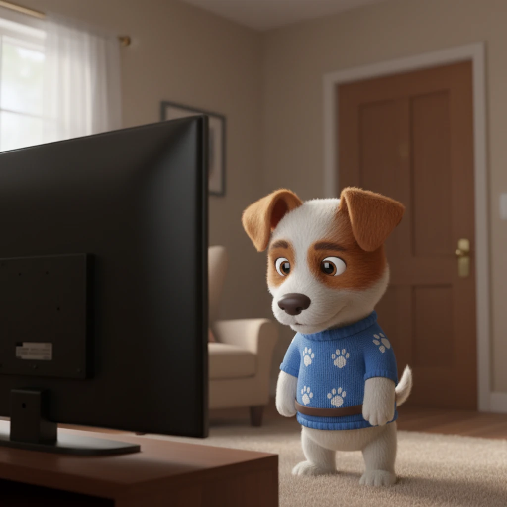 A gentle click of the front door signals her owner's departure, and the TV suddenly goes dark. Holly’s ears droop slightly, and her tail, which was wagging just moments ago, slowly lowers. The quiet hum of the house fills the sudden silence, making the room feel emptier.