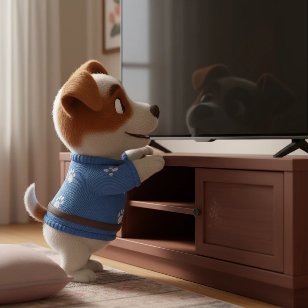 Determined, Holly hops off her cushion and nudges the television stand with her wet nose, hoping to magically switch it back on. Her small paws paw at the cabinet doors, leaving faint smudges on the smooth, dark wood. A faint reflection of her hopeful face can be seen on the screen's glossy surface.