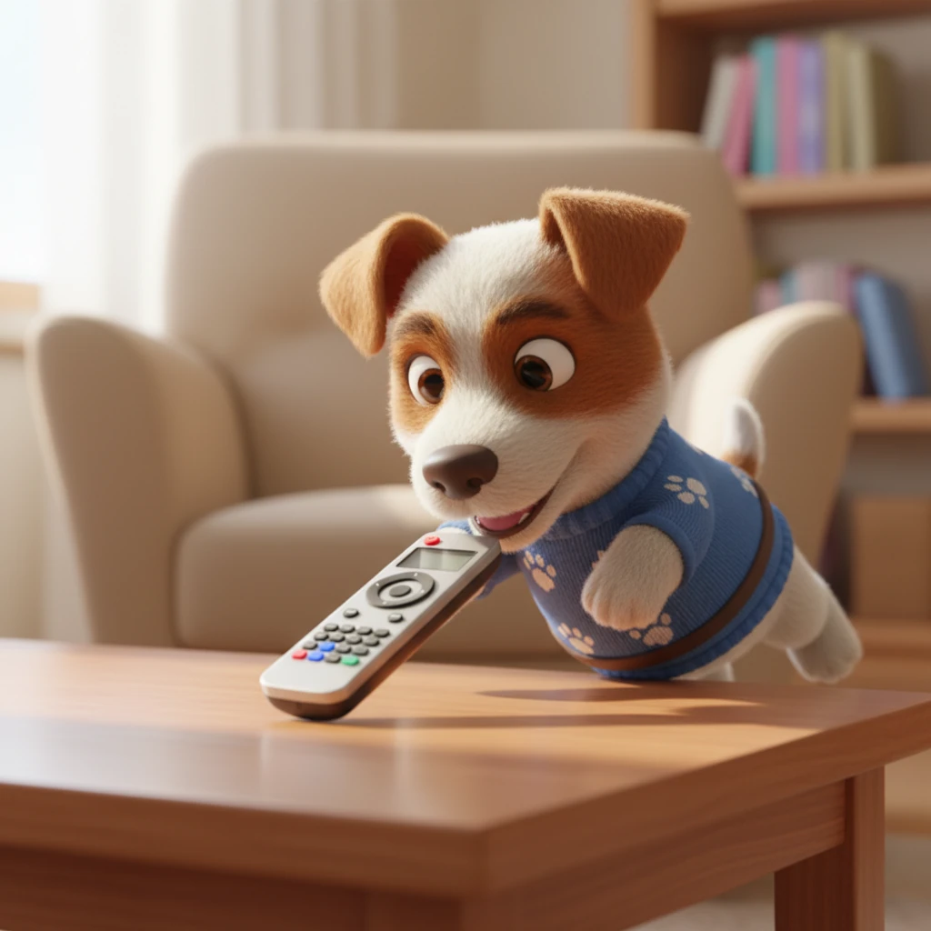 She then spots a rectangular object on the coffee table – the remote control! With a playful jump, she tries to bat it with her nose, but it slides just out of reach. The intricate buttons and sleek design of the remote seem almost alien to her curious gaze.