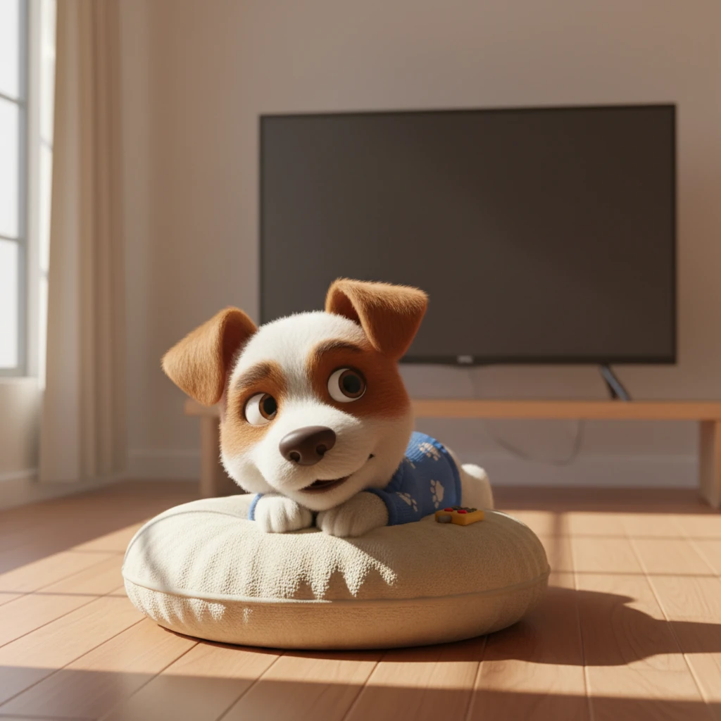 Frustrated but not defeated, Holly lets out a soft sigh, settling back onto her cushion with a wistful look towards the silent screen. Her head rests on her paws, a picture of quiet longing. The soft light filtering through the window casts long, gentle shadows across the floor.