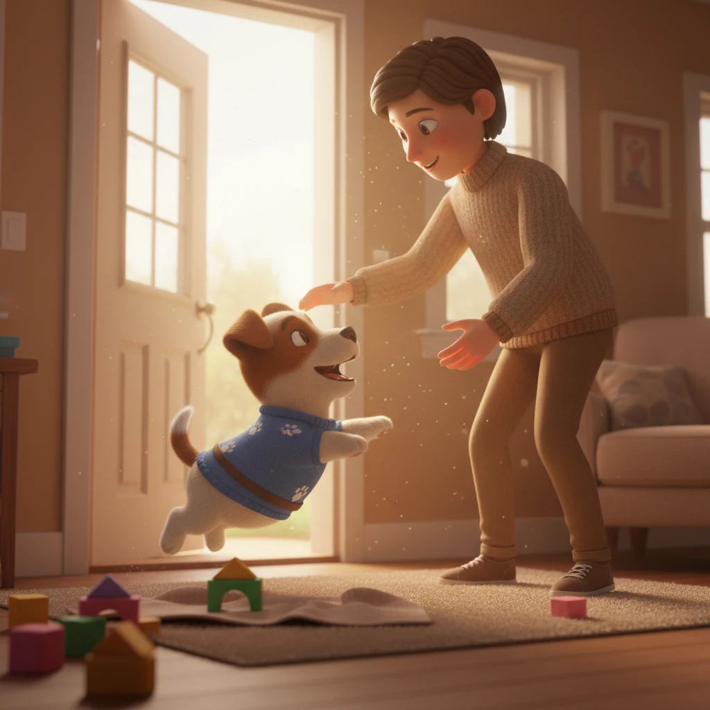 Suddenly, the front door opens again, and her owner's familiar voice fills the room. Holly springs to life, tail wagging furiously as she greets them with excited barks. The owner smiles, immediately understanding Holly's silent plea.