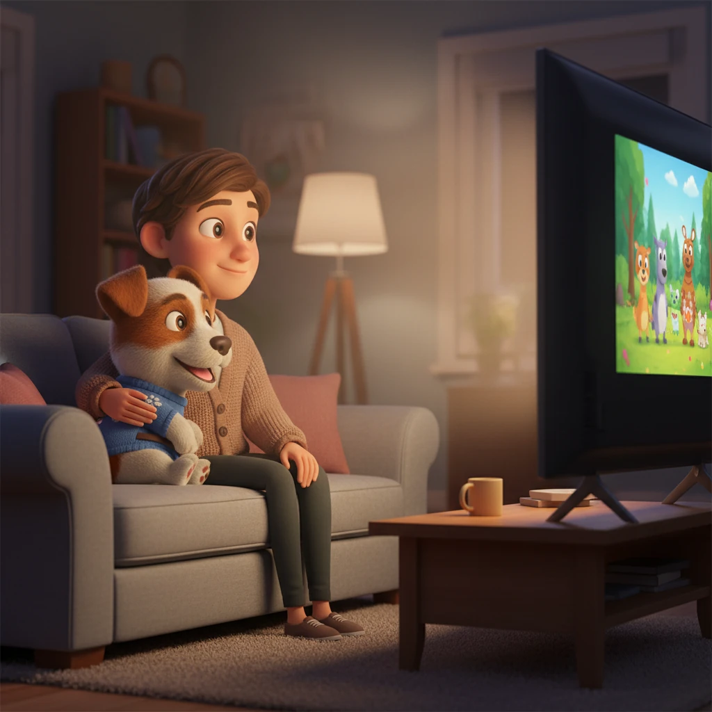 With a gentle click, the TV screen flickers back to life, displaying a colorful animated show. Holly is instantly mesmerized, her eyes wide with delight as she snuggles close to her owner's side on the sofa. The warm glow of the screen illuminates their happy faces.