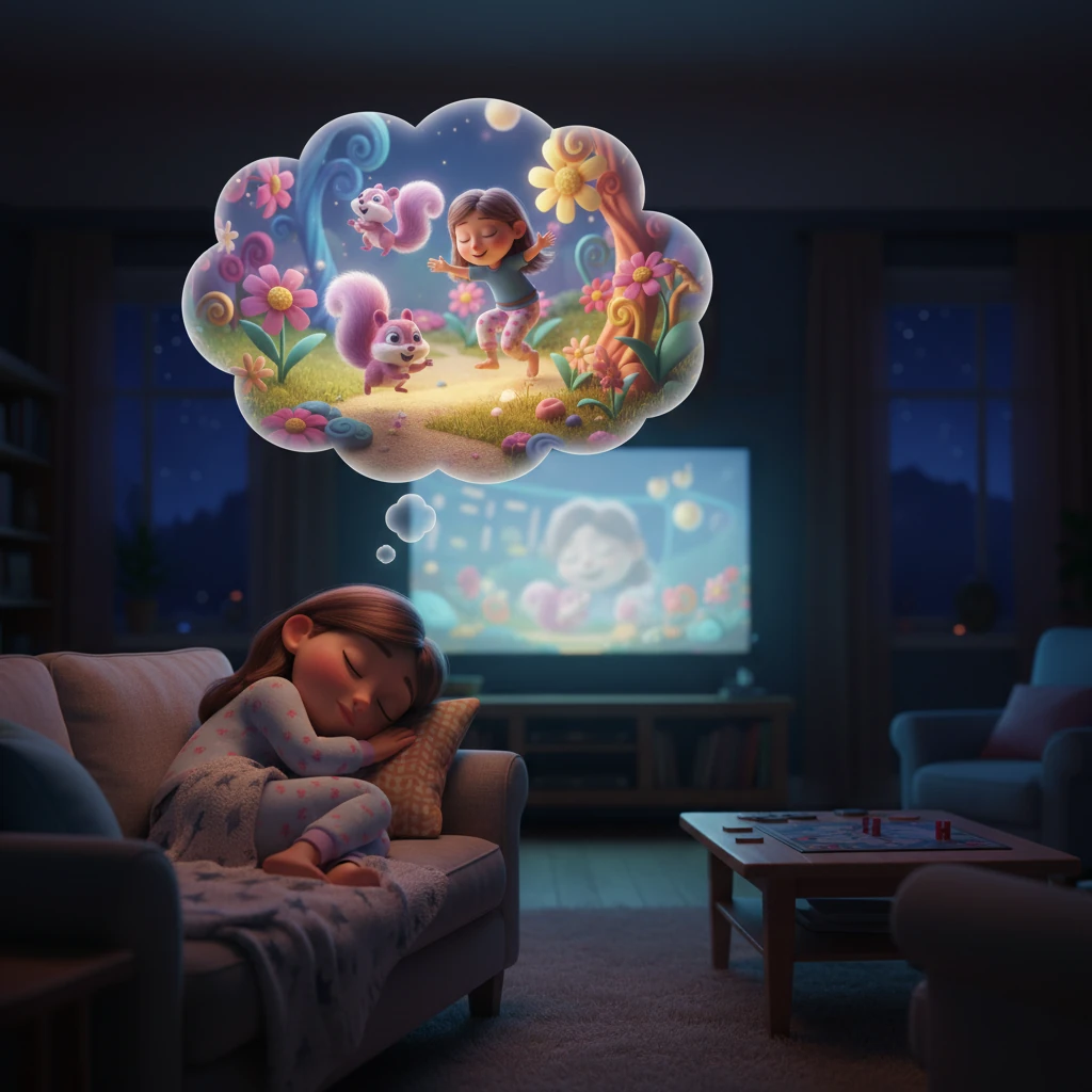 As the evening progresses, Holly drifts off to sleep, curled up comfortably on the sofa, with the soft sounds of the television lulling her. She dreams of chasing animated squirrels through vibrant, fantastical landscapes. The room is bathed in the soft, changing light of the screen, a perfect end to a perfect day.