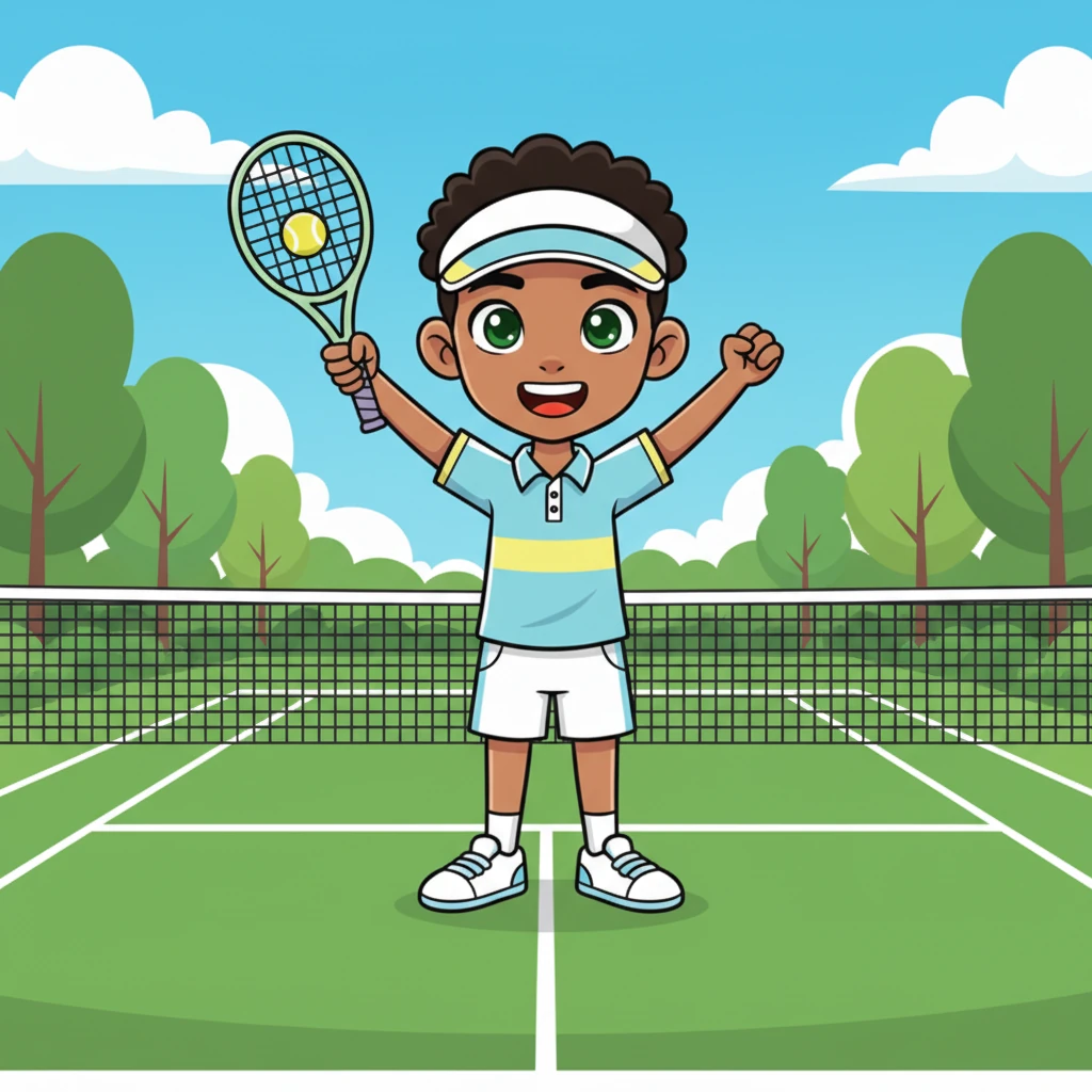 With a triumphant smile, Carlton now owned the tennis court, his green eyes sparkling with joy and unwavering confidence. He knew he had the strength to face any challenge, both on and off the court, thanks to his amazing coach and his own brave heart.