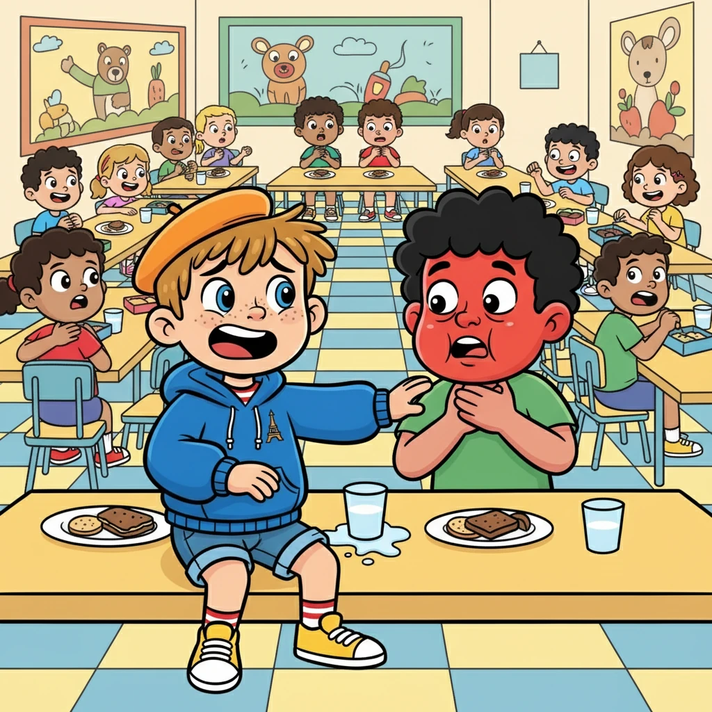 Dans le réfectoire animé, les enfants riaient et partageaient leurs repas. Nizar, le meilleur ami de Ziad, s'étouffa soudainement. Son visage devint rouge, puis bleu, et il tenta désespérément de respirer.