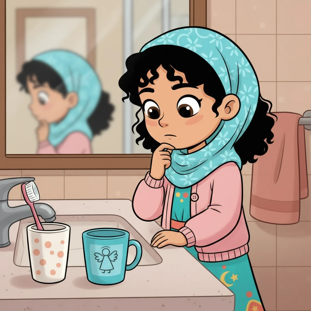 نظرت نورة إلى كوب ملاك وفرشاة أسنانها، وتذكرت: "لا أستخدم أبدًا أدوات المريض، حتى لا تنتقل الجراثيم إليّ." هذا ما تعلمته في المدرسة!