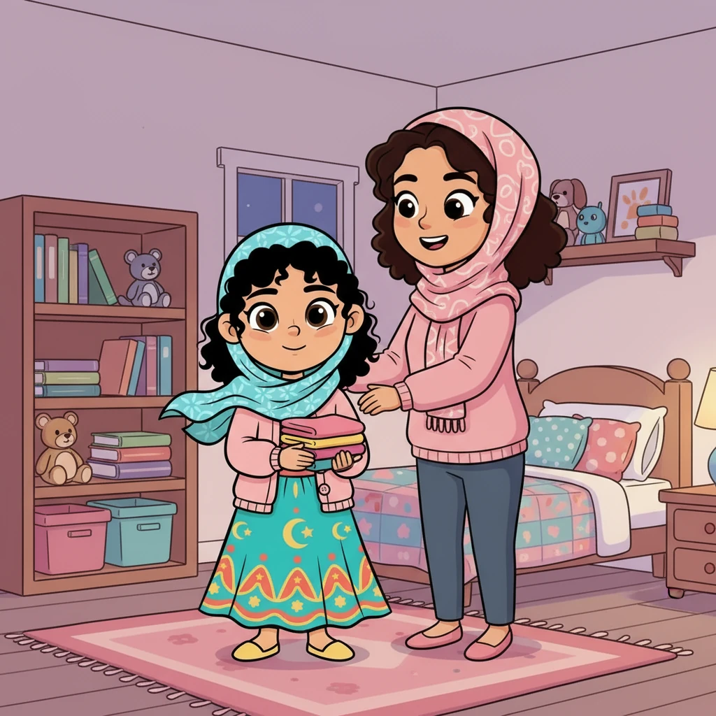 طلبت نورة من أمها أن تساعدها في ترتيب غرفة ملاك، لكي تشعر بالراحة. قامت نورة بترتيب بسيط، مع الحرص على الهدوء والنظام.