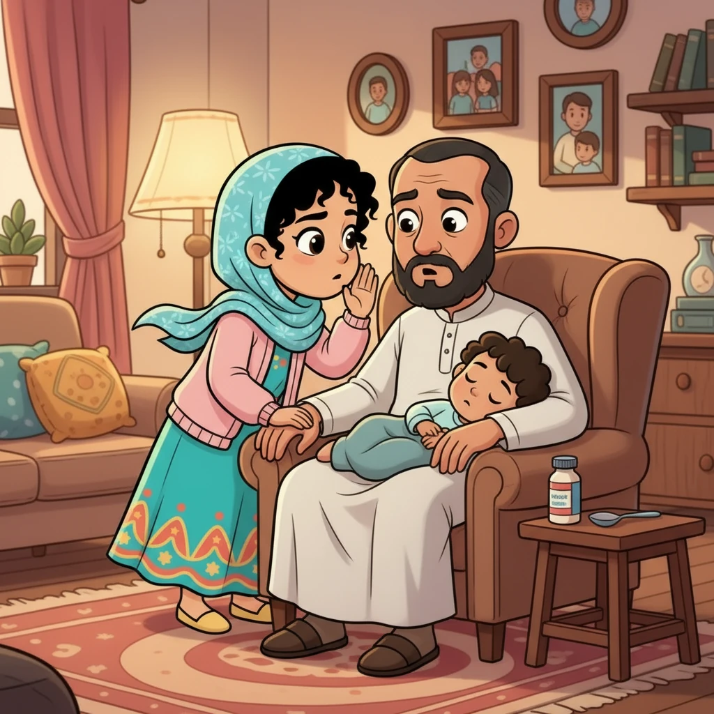عندما حان وقت دواء ملاك، همست نورة لأبيها: "بابا، هل تذكرت موعد دواء ملاك؟" تذكر الكبار، وهي تذكرهم!
