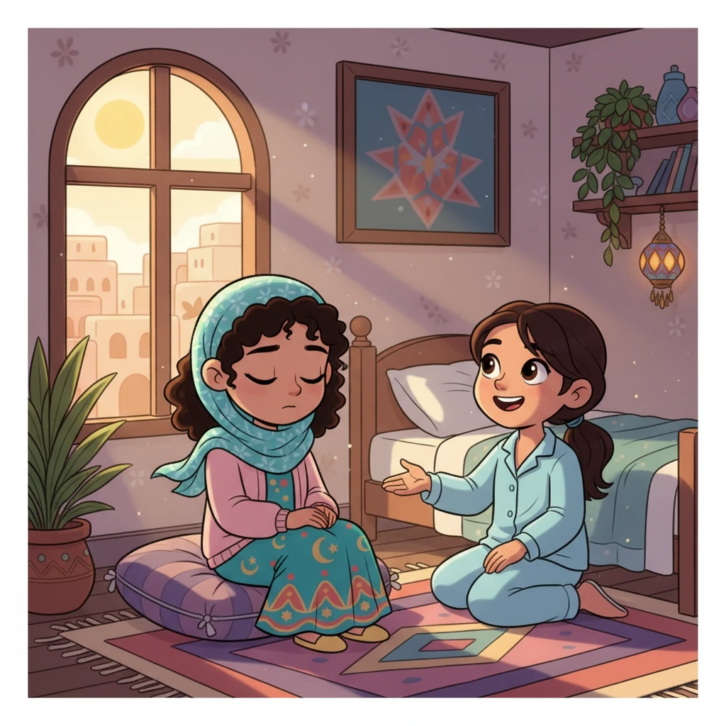 جلست نورة بهدوء وقالت في قلبها: "اللهم اشفِ ملاك واجعلها بخير." في اليوم التالي، ابتسمت ملاك وقالت: "اهتمامكِ ودعواتكِ كانت أفضل علاج لي!"