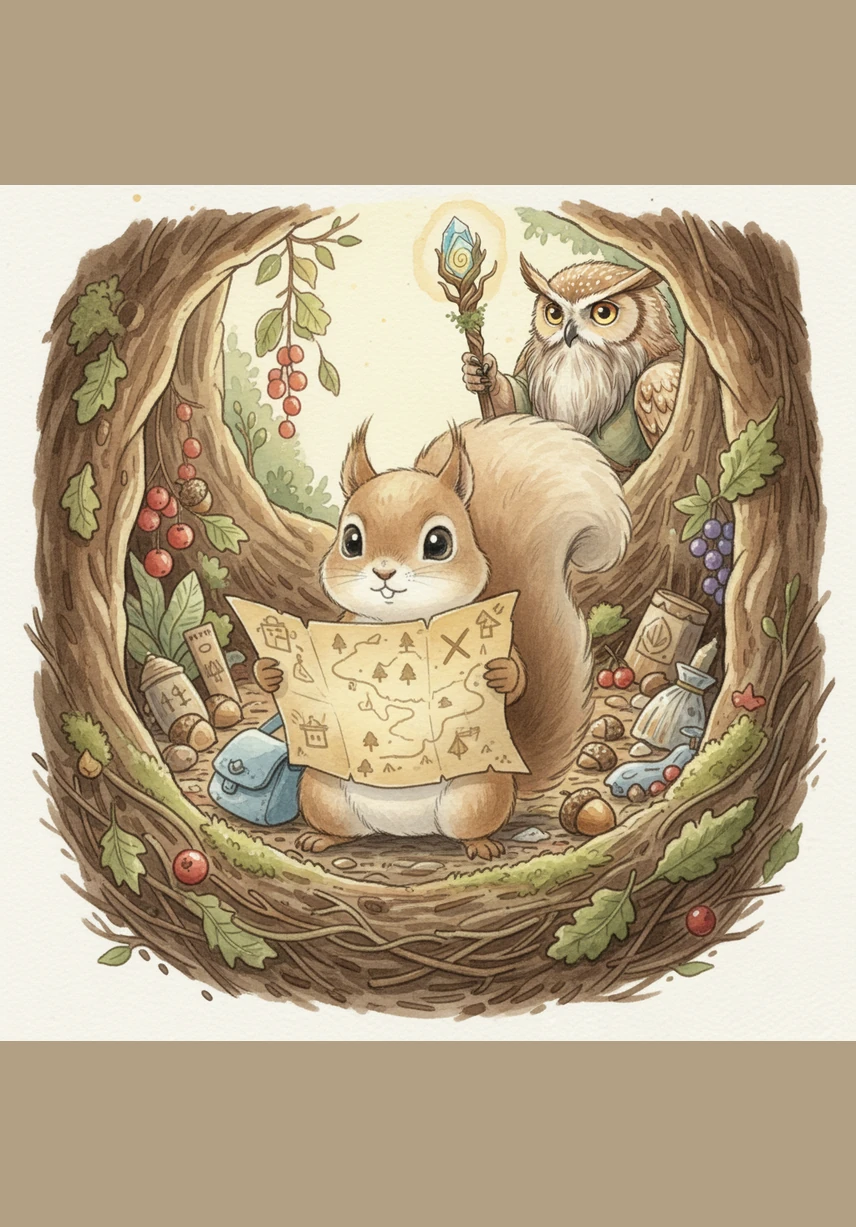 Sammy the squirrel was tidying his cozy nest inside the Great Oak when he stumbled upon a dusty, rolled-up parchment. As he carefully unfurled it, he realized it was an ancient map leading to a legendary treasure hidden deep within the forest.