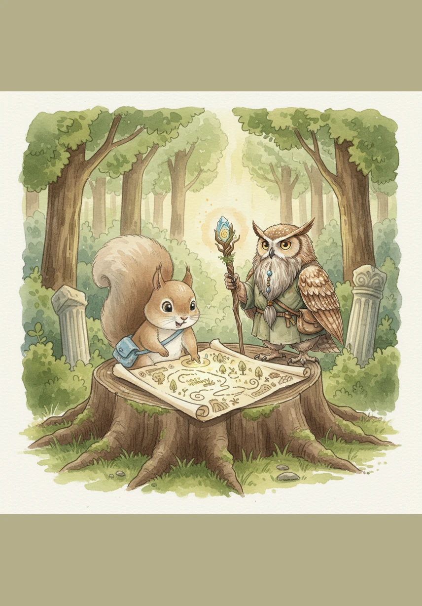 With his heart racing, Sammy spread the map across a flat stump to study the intricate drawings of winding paths and strange landmarks. The map sparkled with a faint, magical glow, pointing toward the mysterious Whispering Woods.