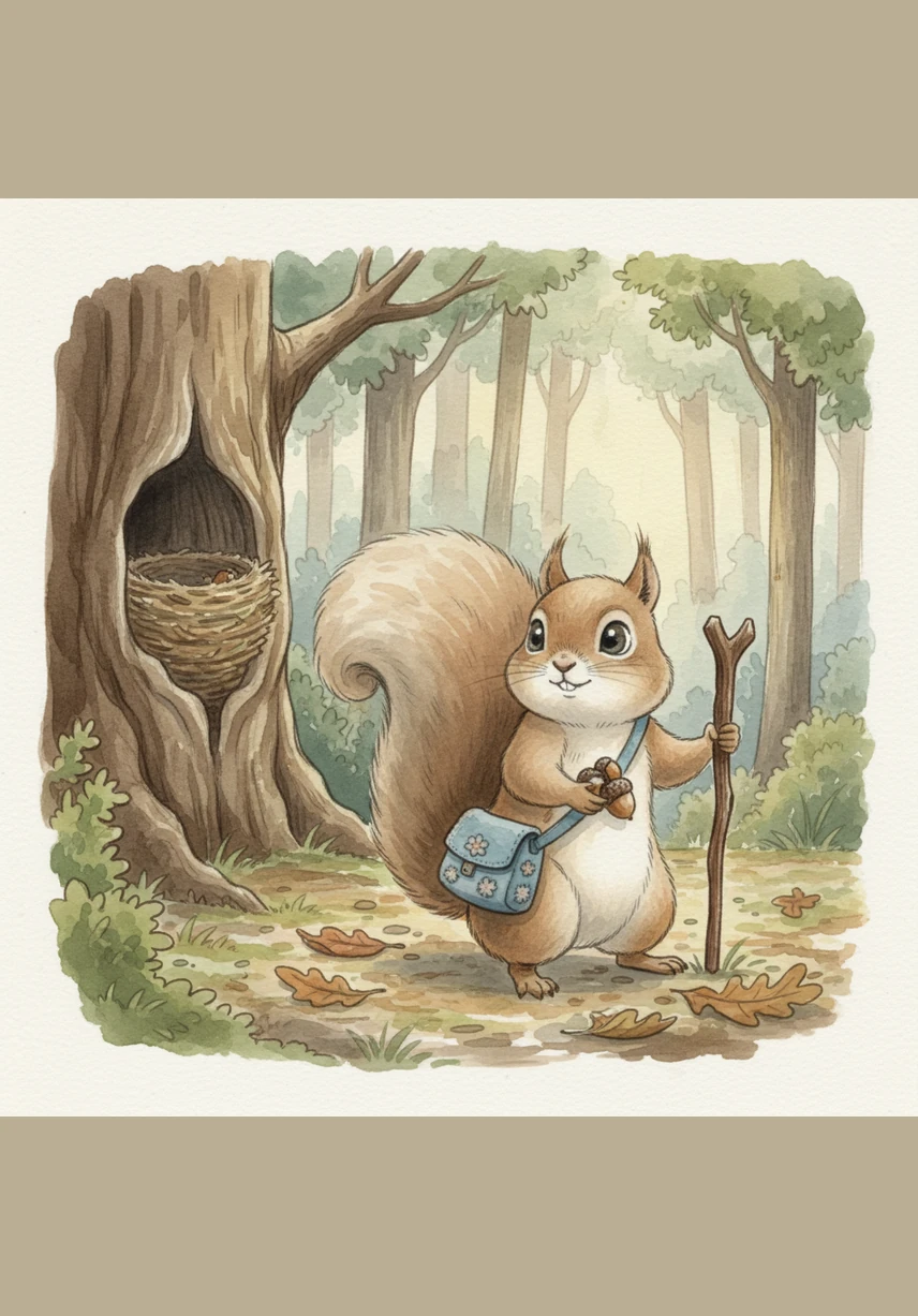 Sammy packed his favorite blue satchel with a handful of crunchy acorns and a sturdy walking stick. He took one last look at his comfortable home before stepping out onto the forest floor, ready for the greatest adventure of his life.