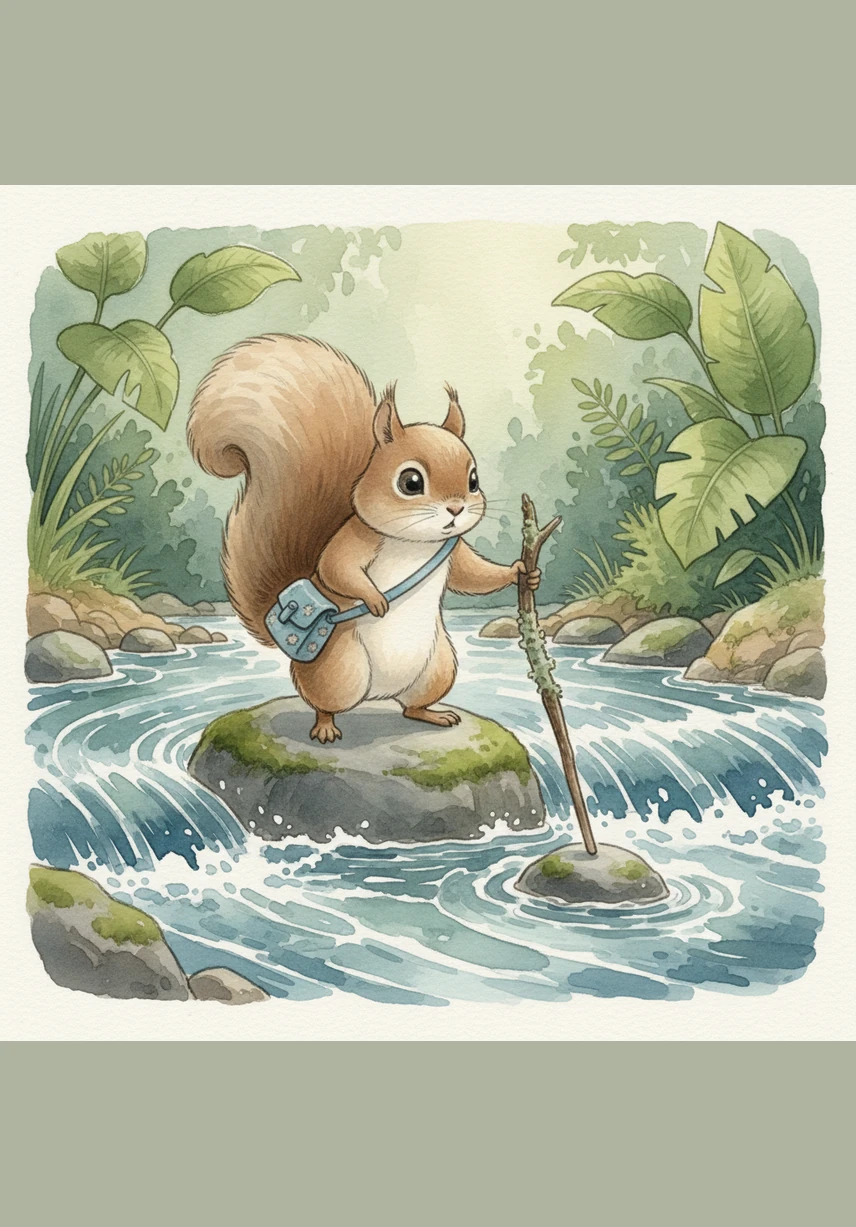 The journey led him to the edge of a rushing brook where the water danced over smooth, grey stones. Sammy carefully balanced on a mossy log, using his fluffy tail for stability as he crossed the shimmering water to follow the map's trail.