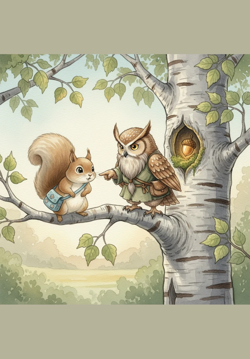 High up in a silver birch tree, a wise old owl named Barnaby watched Sammy with curious eyes. Barnaby pointed his wing toward the Misty Mountains, whispering a riddle that would help Sammy find the secret entrance to the treasure.