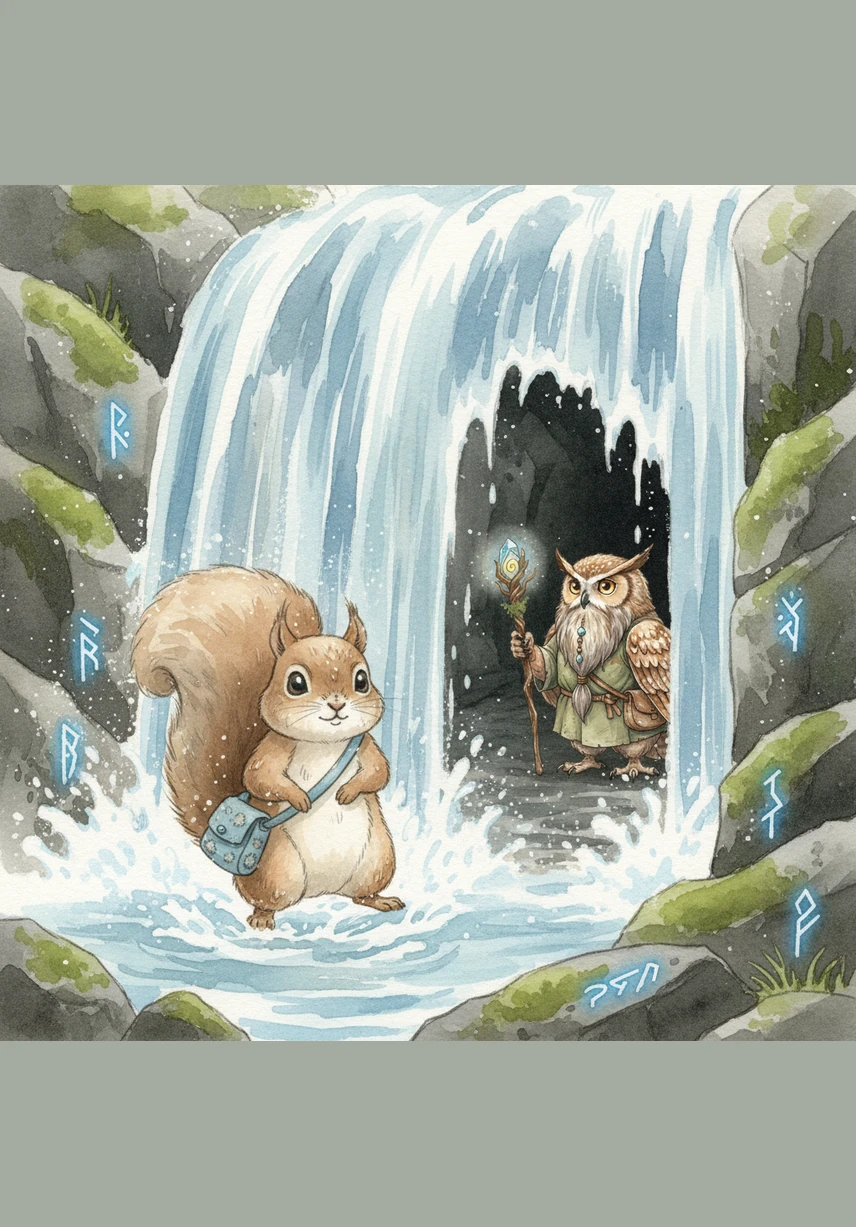 Following the map's final instructions, Sammy discovered a hidden path concealed behind a thundering waterfall. The cool mist sprayed his fur as he bravely stepped through the curtain of water into a secret, rocky tunnel.
