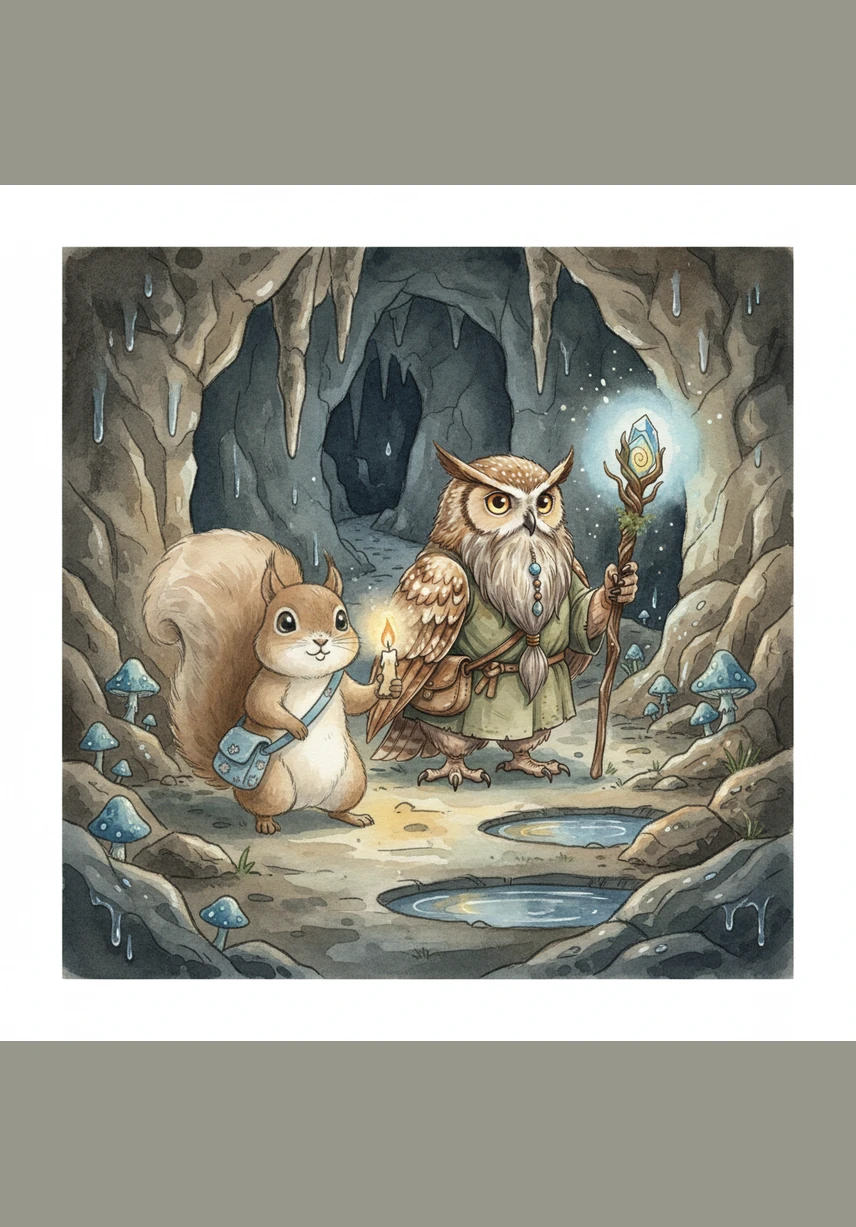 The cave walls were lined with glowing purple crystals that illuminated the dark path with a soft, magical light. Sammy followed the shimmering trail deeper into the earth, his paws clicking softly against the smooth stone floor.