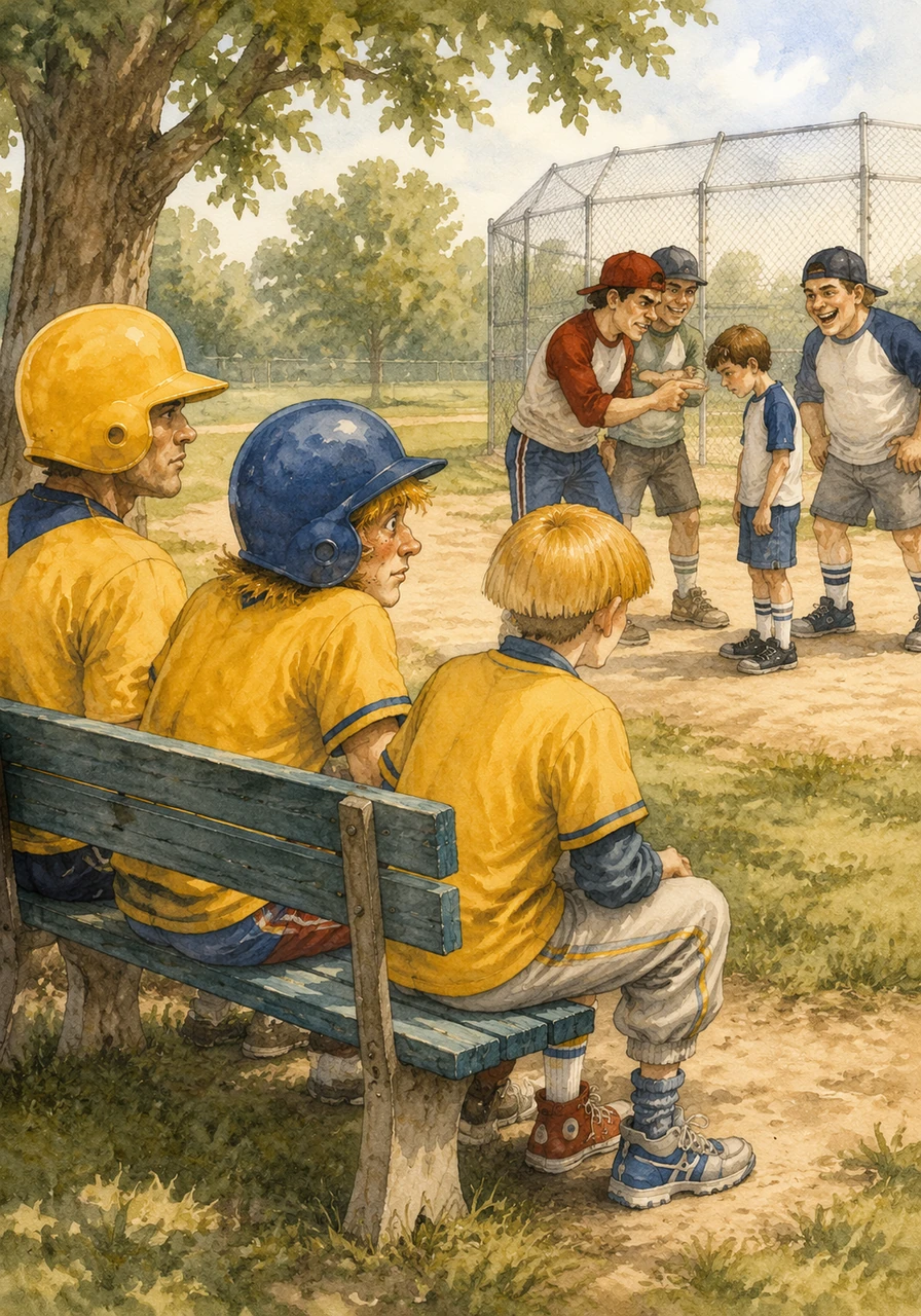 Gus, Richie, and Clark sit on a bench near a local baseball field, watching a group of mean kids bully a smaller boy. They remember their own childhoods spent on the sidelines and decide they have finally seen enough.