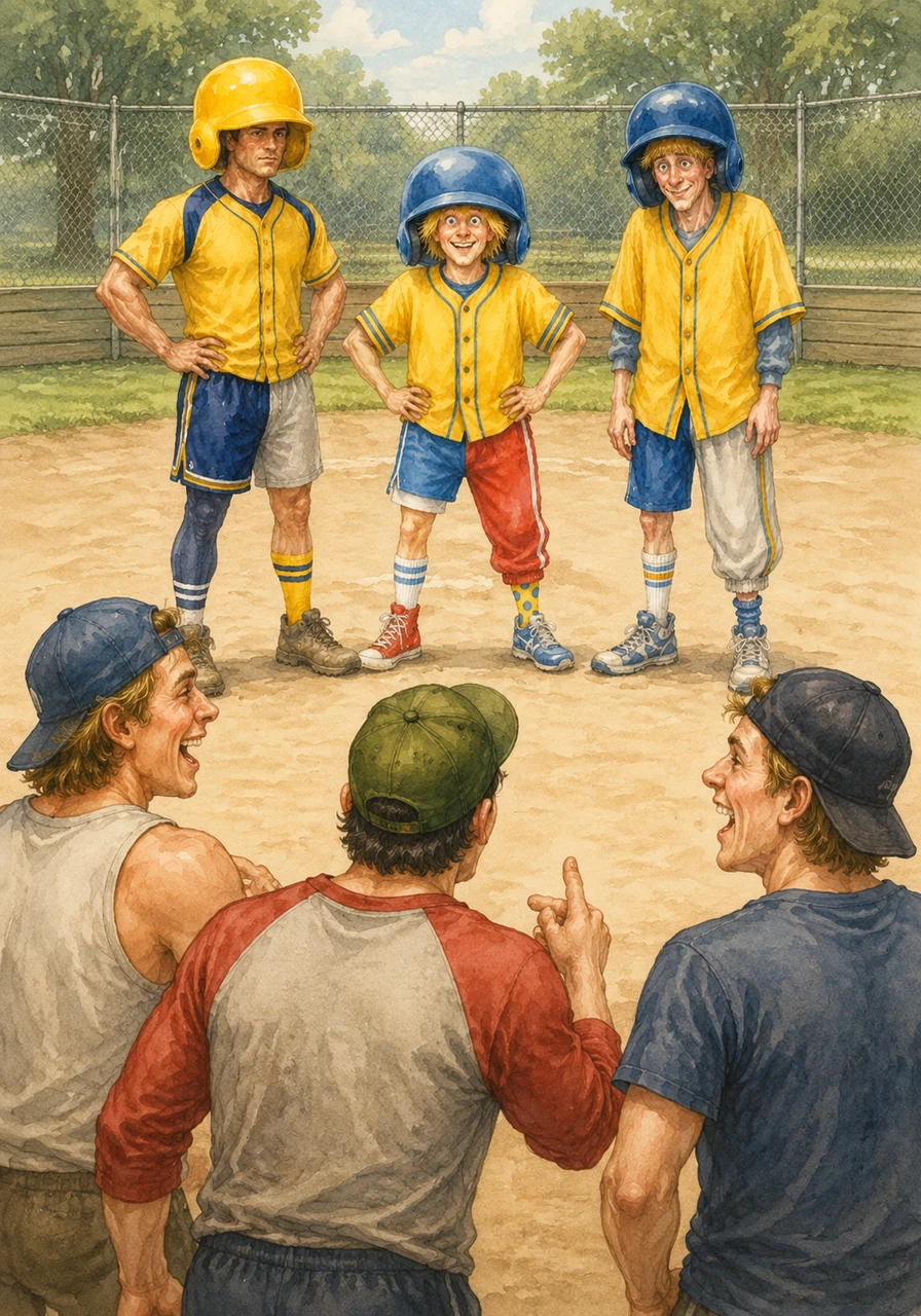 Gus steps onto the diamond and challenges the bullies to a game to defend the young boy's honor. The bullies laugh at the three grown men standing in their mismatched clothes, thinking it will be an easy win.