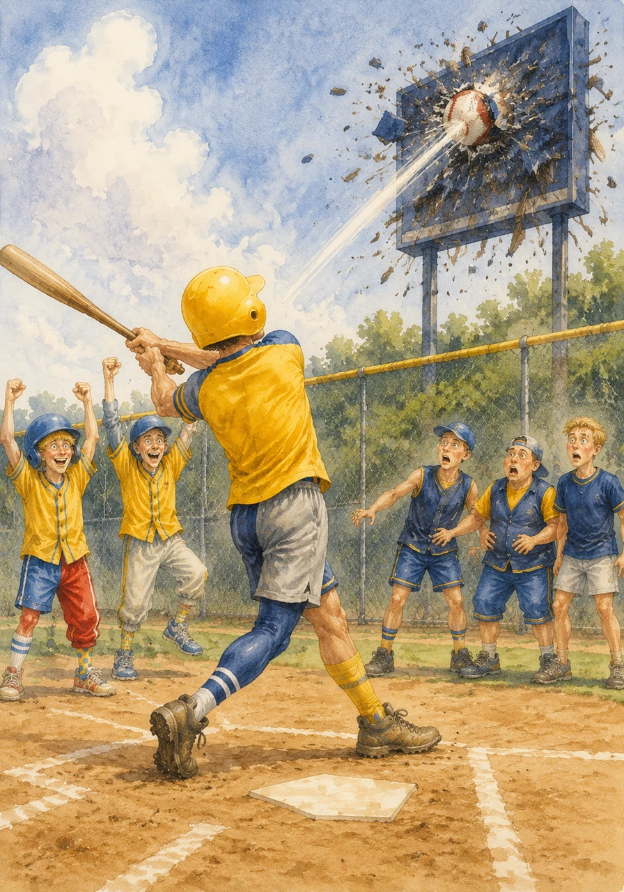 To everyone's shock, Gus hits a massive home run that clears the fence and smashes into a nearby scoreboard. Richie and Clark cheer wildly as the bullies stare in disbelief at the power of the quiet man.