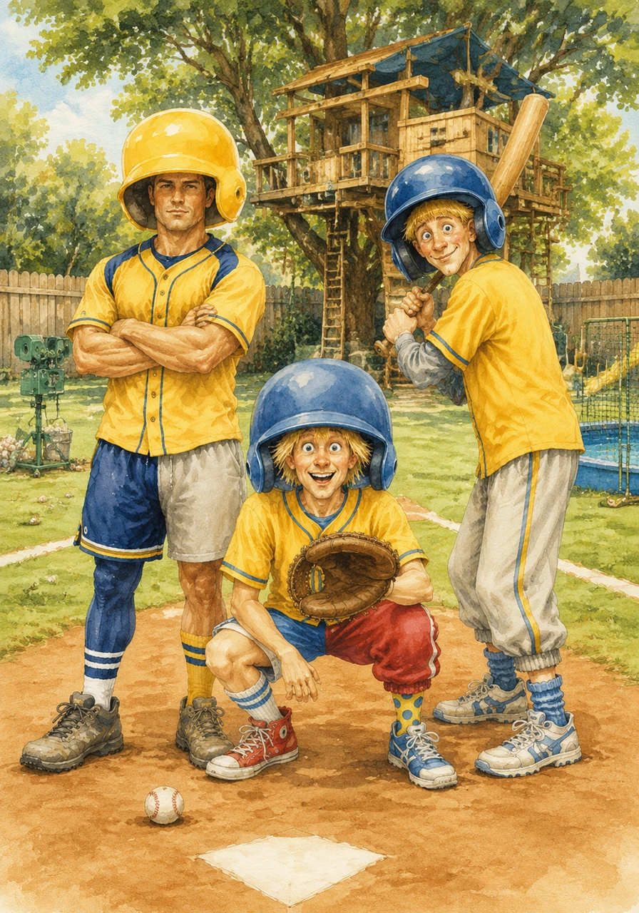 The team officially becomes the Benchwarmers, sporting bright yellow jerseys and oversized helmets that look a bit ridiculous. They practice in Mel's backyard, which features a custom-built, state-of-the-art baseball field just for them.