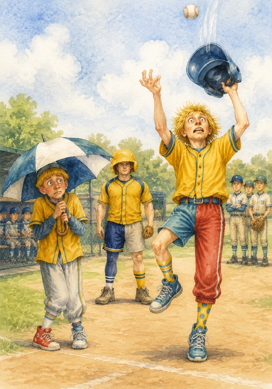 Their first official game against a polished little league team begins with plenty of nerves and clumsy mistakes. Clark tries to catch a fly ball with his hat while Richie hides under an umbrella to avoid the sun.