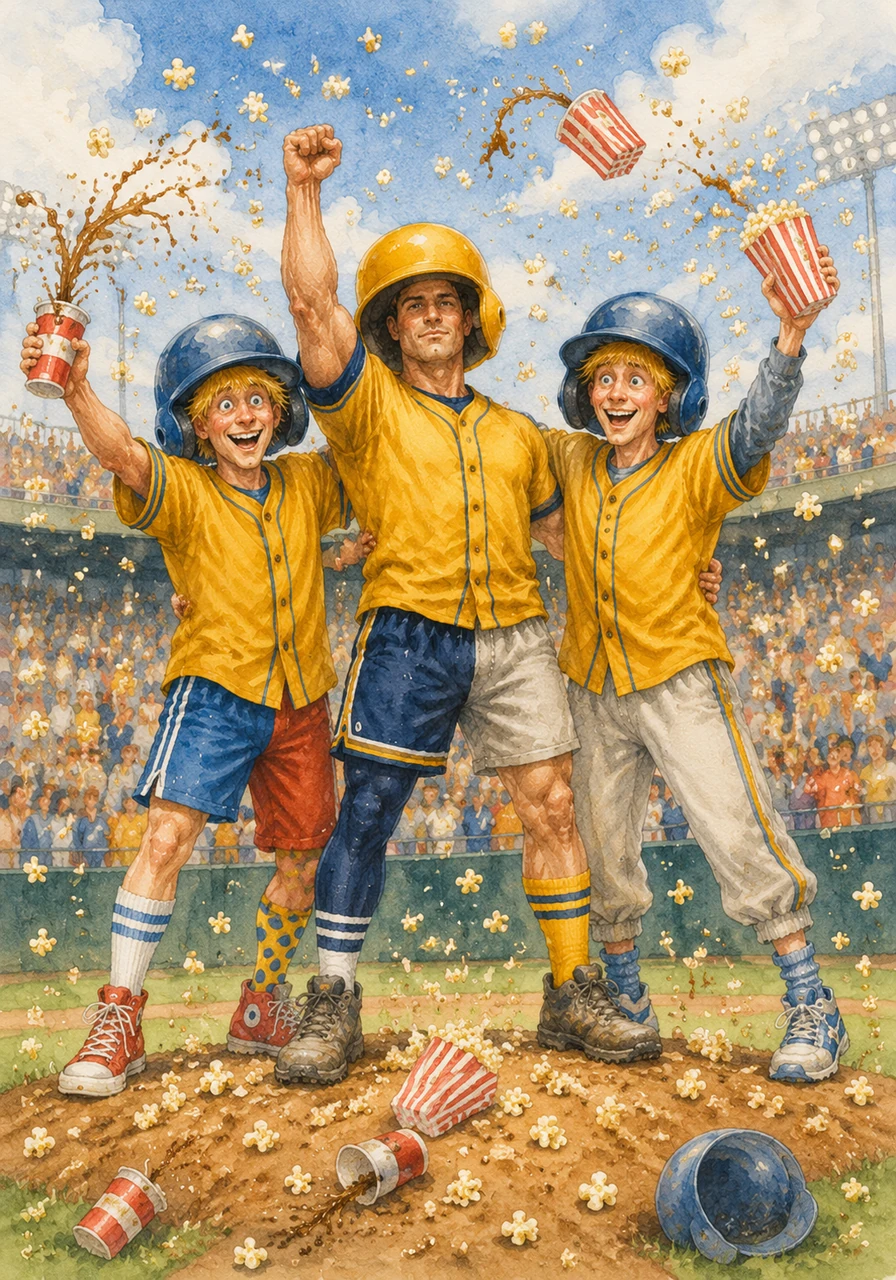 With one final, thunderous swing, the Benchwarmers clinch the victory and celebrate in a shower of popcorn and soda. They stand proudly on the mound, having proven that everyone deserves a chance to get off the bench and into the game.