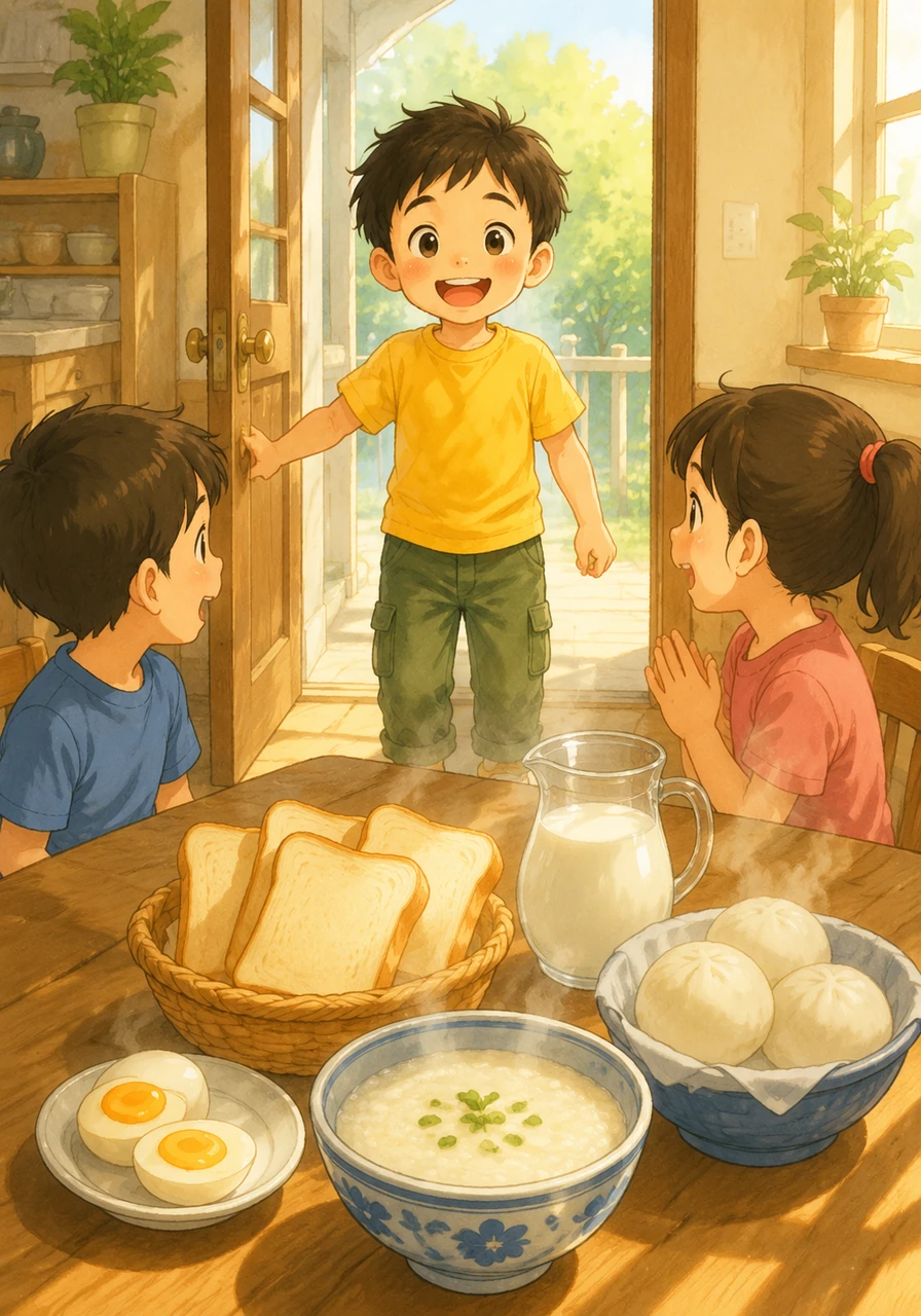 乐乐走进洒满阳光的早餐屋，桌上摆好了冒着热气的美味。面包 miàn bāo，牛奶 niú nǎi，鸡蛋 jī dàn，稀饭 xī fàn，馒头 mán tou。这些营养早餐正等着乐乐来品尝，给他提供一整天的能量。