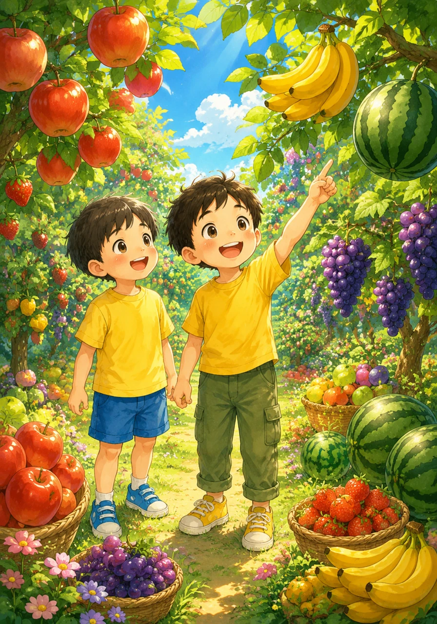 乐乐来到了一片神奇的果园，树梢上挂满了彩虹般的果实。苹果 píng guǒ，香蕉 xiāng jiāo，西瓜 xī guā，葡萄 pú tao，草莓 cǎo méi。每一种水果都散发着清甜的香气，让人心情愉悦。