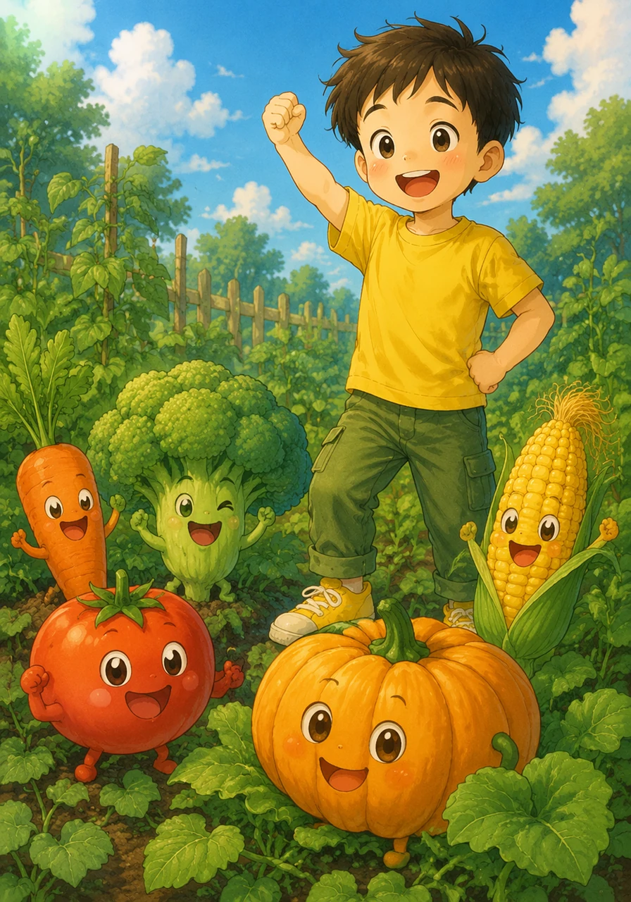 蔬菜园里的植物们长得郁郁葱葱，它们是乐乐的健康好伙伴。胡萝卜 hú luó bo，西兰花 xī lán huā，西红柿 xī hóng shì，玉米 yù mǐ，南瓜 nán guā。这些色彩鲜艳的蔬菜含有丰富的维生素，让乐乐长得更高。