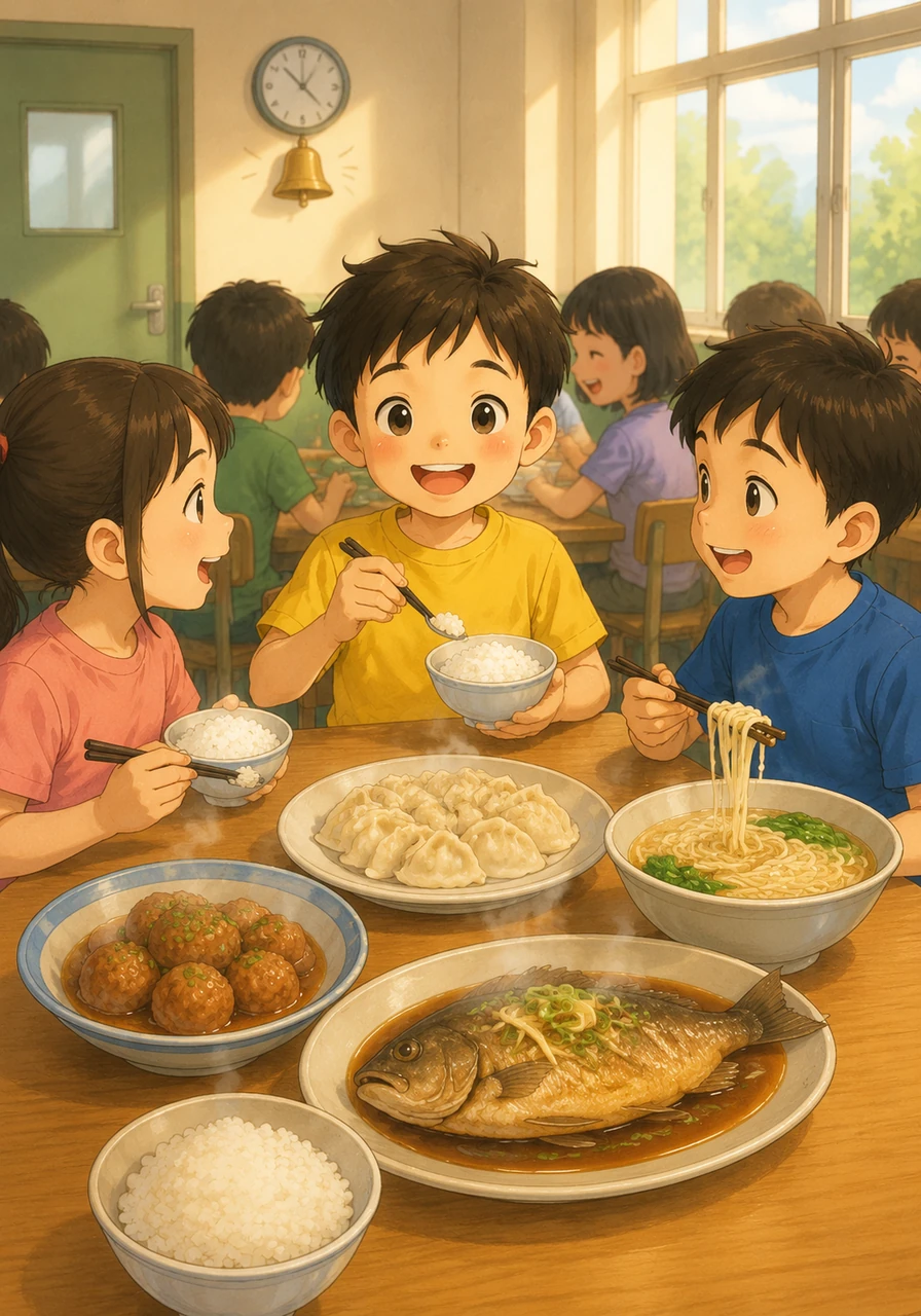 午饭的钟声敲响了，餐桌上摆满了热腾腾的家常美味。米饭 mǐ fàn，面条 miàn tiáo，饺子 jiǎo zi，肉丸 ròu wán，鱼 yú。这些主食散发出诱人的咸香，是乐乐最喜欢的午餐时光。