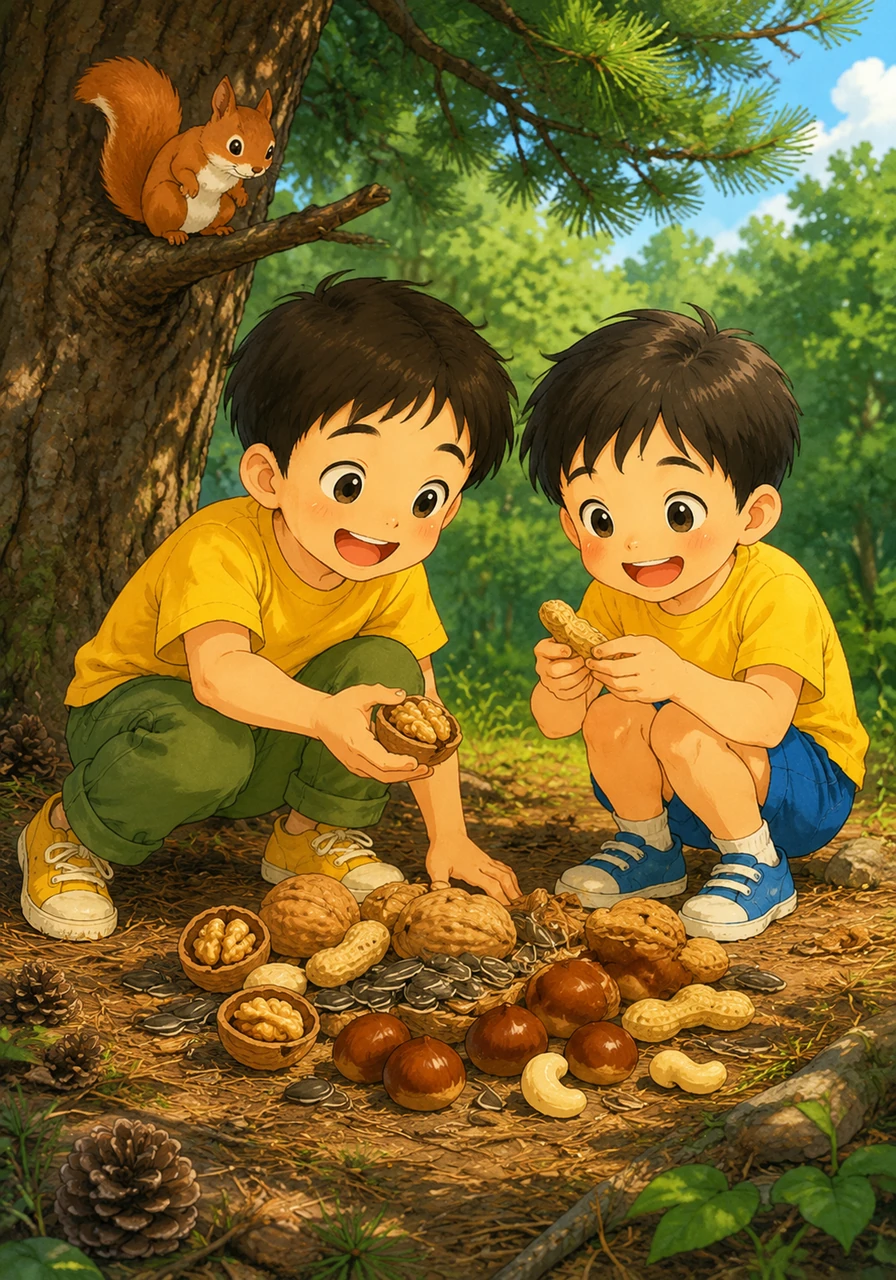 乐乐在松树下发现了一堆硬壳的小宝藏，那是松鼠留下的礼物。核桃 hé tao，花生 huā shēng，葵花籽 kuí huā zǐ，栗子 lì zǐ，腰果 yāo guǒ。剥开坚硬的外壳，就能吃到香脆可口的果仁，真是太有趣了。