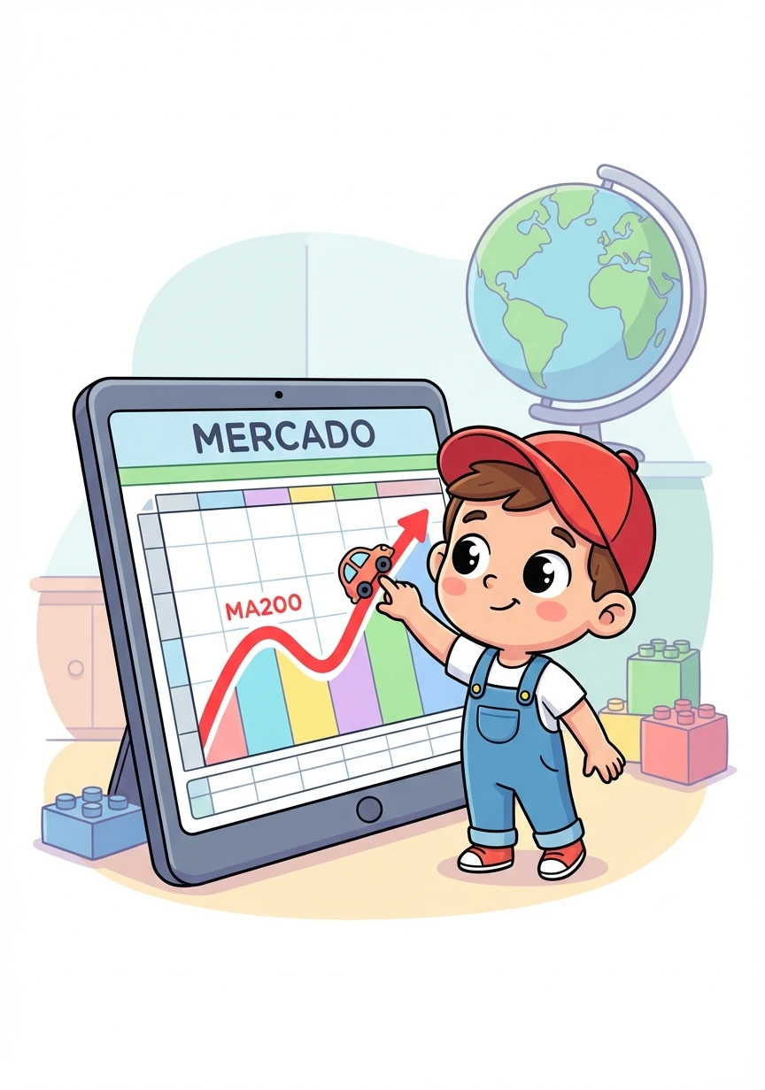 Luego, exploran la hoja "Mercado", donde ven un gráfico del S&P 500. Una línea roja, la MA200, parece guiar el camino.