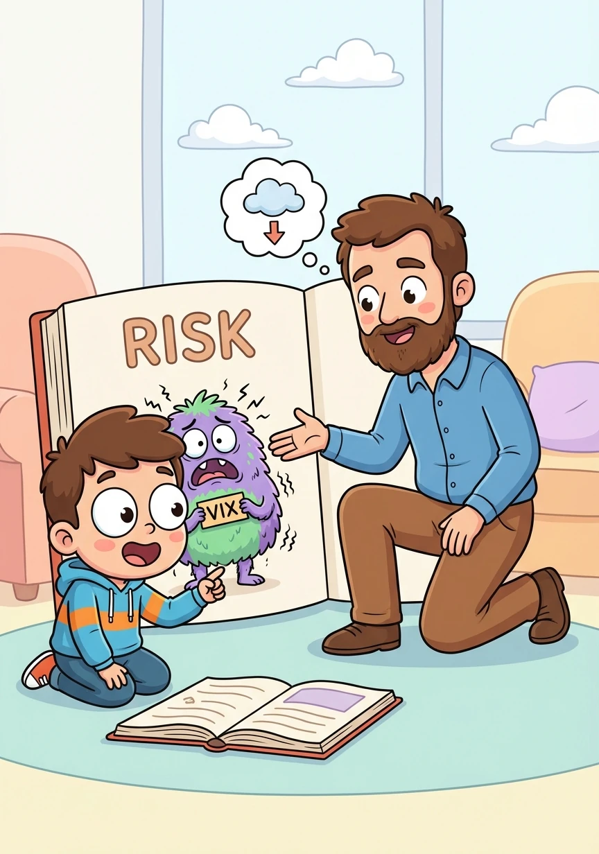 En la hoja "Riesgo", Tomás observa el VIX, un indicador que parece un monstruo asustado. Su padre le dice que mide el miedo en el mercado.