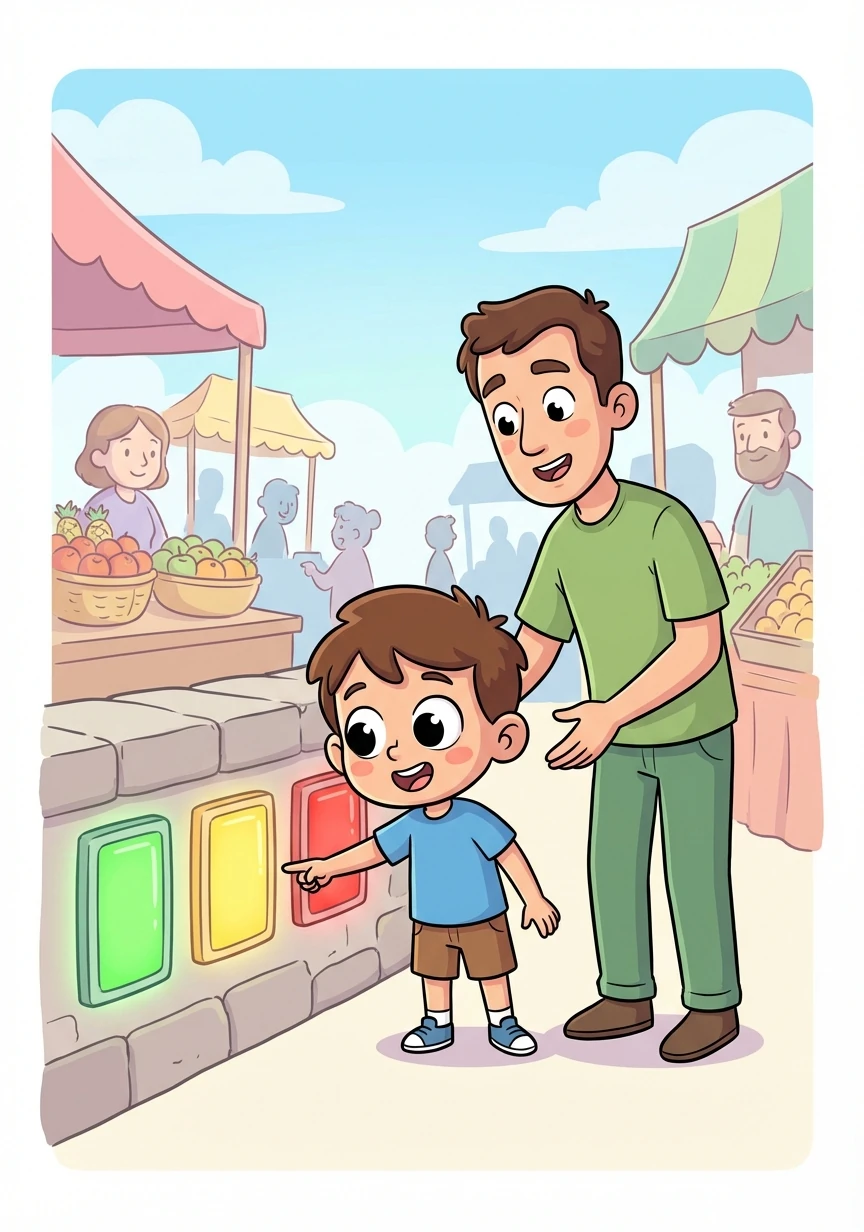 Tomás descubre celdas con colores: verde, amarillo y rojo. Su padre le explica que son señales que indican si el mercado está bien o mal.