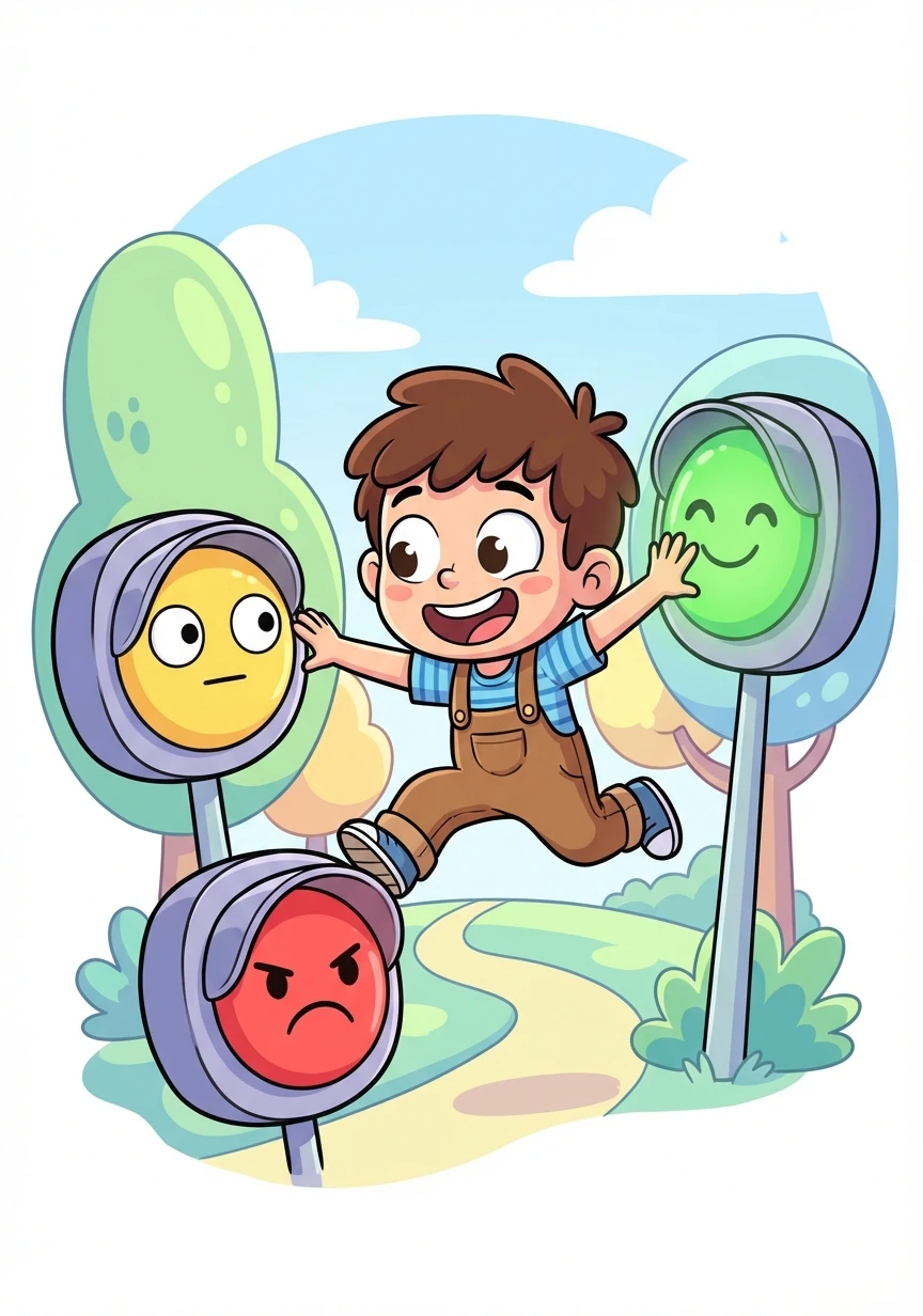 Tomás entiende que el color verde significa que todo está bien, el amarillo es una advertencia, y el rojo indica peligro.