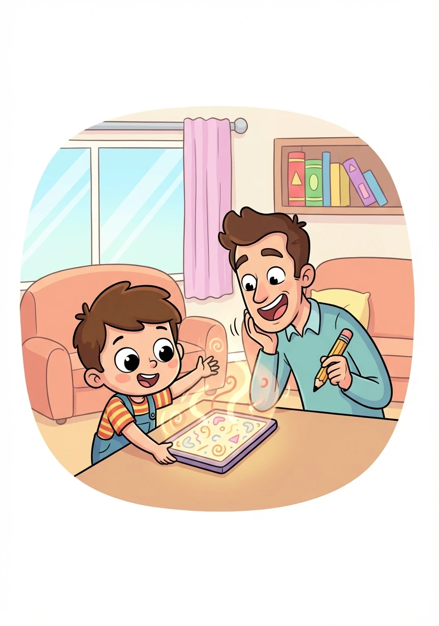 Usando el tablero mágico, Tomás ayuda a su padre a tomar decisiones importantes. Se siente orgulloso de contribuir.