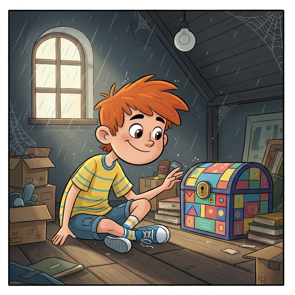 Leo, a spirited boy with a shock of bright red hair and a mischievous grin, sits cross-legged amidst dusty boxes in his attic. Rain patters softly against the window, but his eyes, wide with curiosity, are fixed on a forgotten, brightly colored wooden chest tucked away in a shadowy corner. He leans forward, his whole body a coiled spring of anticipation.