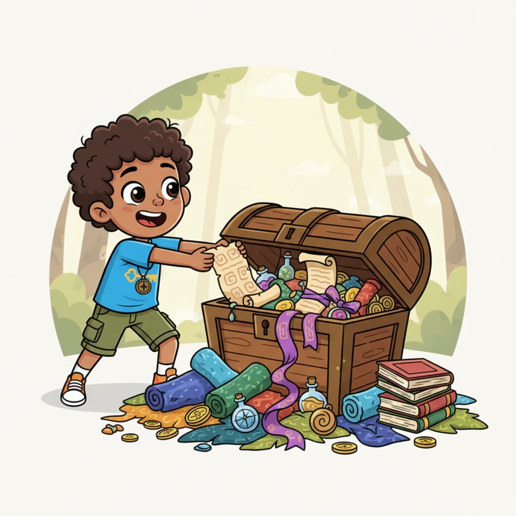 With an exaggerated heave, Leo tugs open the chest, revealing a glorious cascade of shimmering fabrics, quirky trinkets, and a stack of old, worn books. His eyes sparkle as he digs through the treasures, his hands landing on a large, crinkled scroll tied with a vibrant purple ribbon. The scroll has peculiar, swirling patterns peeking out.