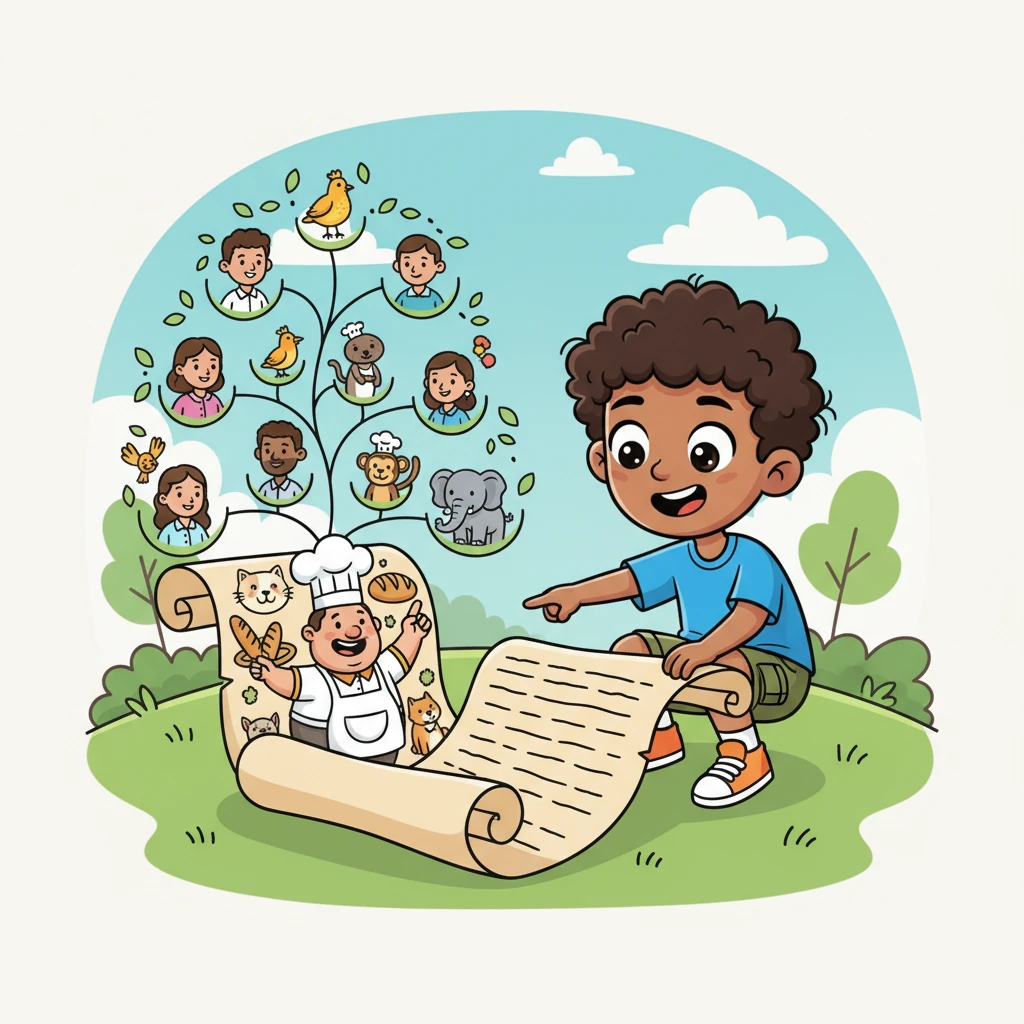 Unfurling the scroll, Leo discovers it's not a map of places, but a fantastical family tree, bursting with whimsical illustrations of people and playful animals. Bold, clean lines define each ancestor, their names written in cheerful, bubbly script. He points a curious finger at a cheerful man with a giant baker's hat labeled "Barnaby the Baker."