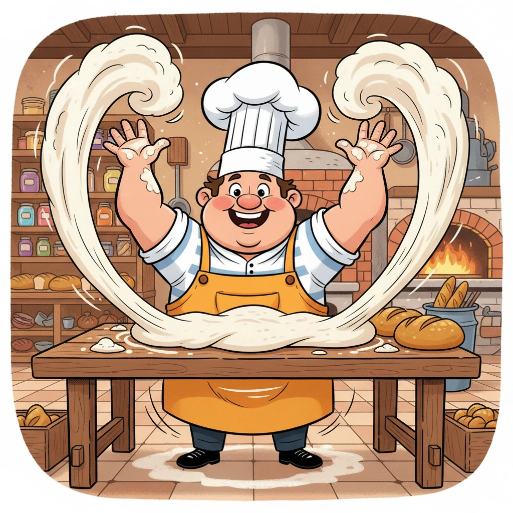 Leo imagines Barnaby, a round, jovial man with rosy cheeks and an impossibly tall chef's hat, joyfully tossing clouds of flour into the air. His exaggerated arms are kneading dough on a massive wooden table, making the whole bakery vibrate with energy. Bright, cheerful colors fill the scene, from the golden loaves to Barnaby's vibrant apron.