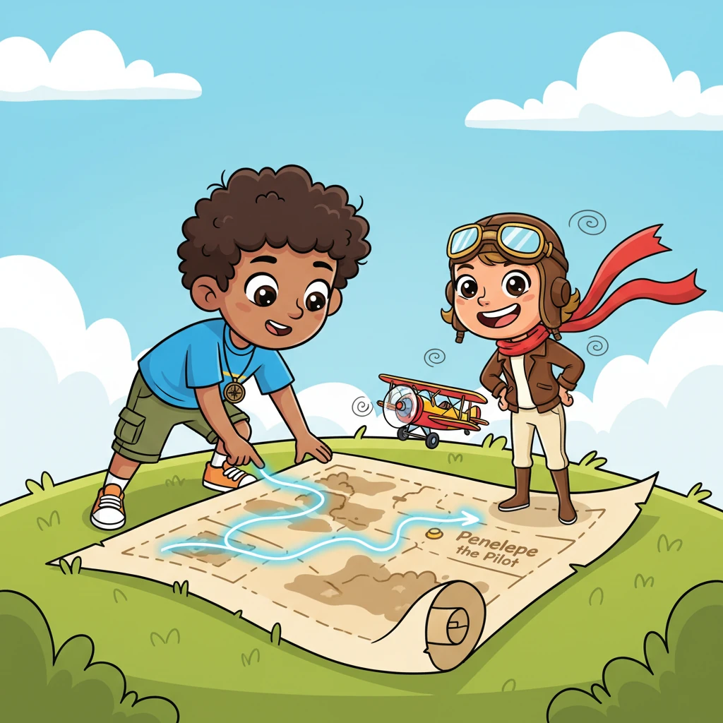 Following a smooth, flowing line on the map, Leo traces his finger to another ancestor: "Penelope the Pilot." Her illustration shows a daring woman with a wide, adventurous smile, wearing a flowing red scarf and aviator goggles perched on her head, standing next to a tiny, brightly painted biplane. Playful clouds float around her.