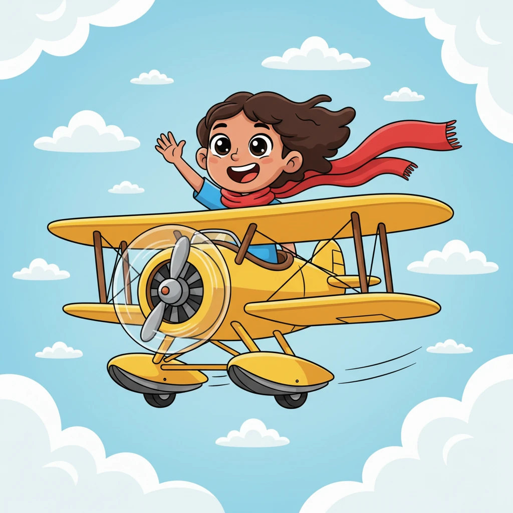 Leo envisions Penelope, her scarf trailing magnificently behind her, soaring through a sky of fluffy, cartoon clouds in her cheerful yellow biplane. She waves excitedly from the open cockpit, her face full of pure joy and freedom. The plane itself has exaggerated wings and a friendly, almost smiling propeller.