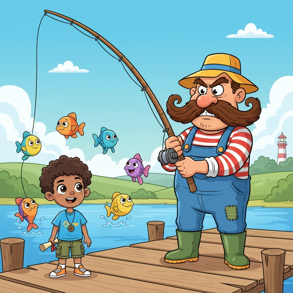 The map continues to surprise Leo, leading him to "Ferdinand the Fantastic Fisherman," depicted with an enormous, curly mustache and a comically oversized fishing rod. Ferdinand's cartoon expression is one of determined concentration, almost a grumpy intensity, but with a twinkle in his eye. He's surrounded by stylized, friendly-looking fish.