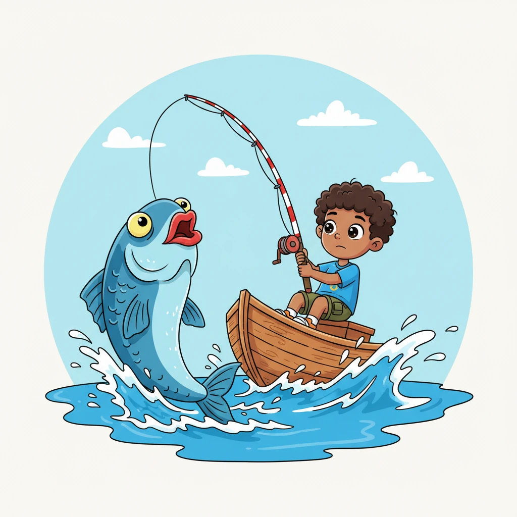 In Leo's imagination, Ferdinand sits precariously on a wobbling, exaggerated fishing boat, his giant rod bent double as he pulls up a truly enormous, surprised-looking fish with big, cartoon eyes. Sparkling, blue waves with bold white foam crash playfully around the tiny boat, adding to the dynamic scene.