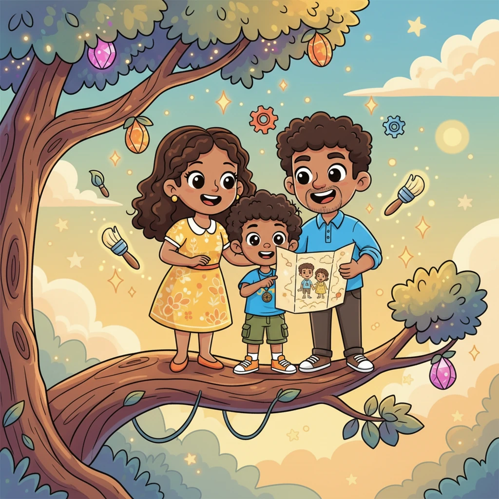 Finally, the whimsical map leads to Leo's own branch, showing his smiling parents and himself, a vibrant, happy trio. He sees the same spark of adventure and creativity in their cartoon likenesses. A warm, fuzzy feeling spreads through his chest as he realizes he's part of this incredible, unique legacy.