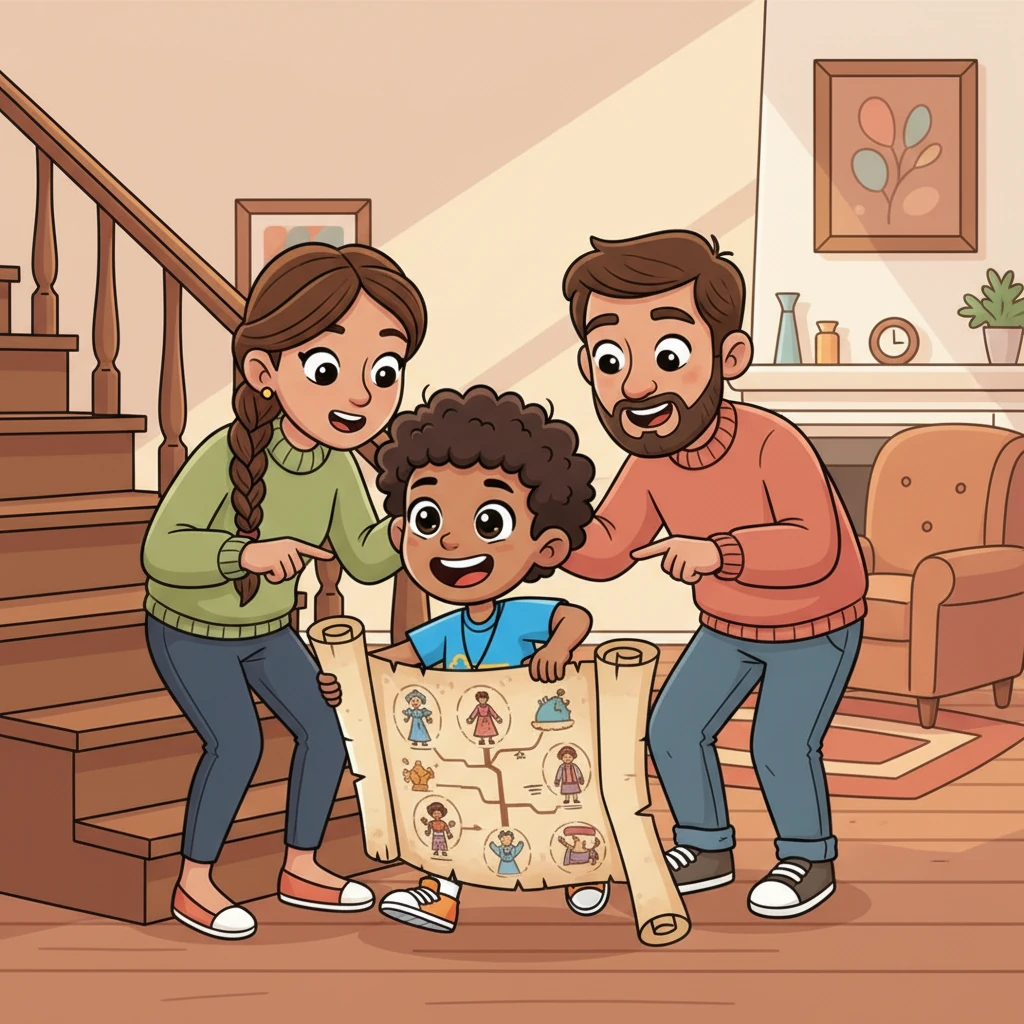 Beaming from ear to ear, Leo rushes downstairs, the fantastic family map clutched in his hands, to show his astonished parents. They gather around, their faces full of wonder and pride, as Leo excitedly points out each ancestor. He feels a strong, joyful connection to his past and a boundless excitement for all the stories yet to be told.