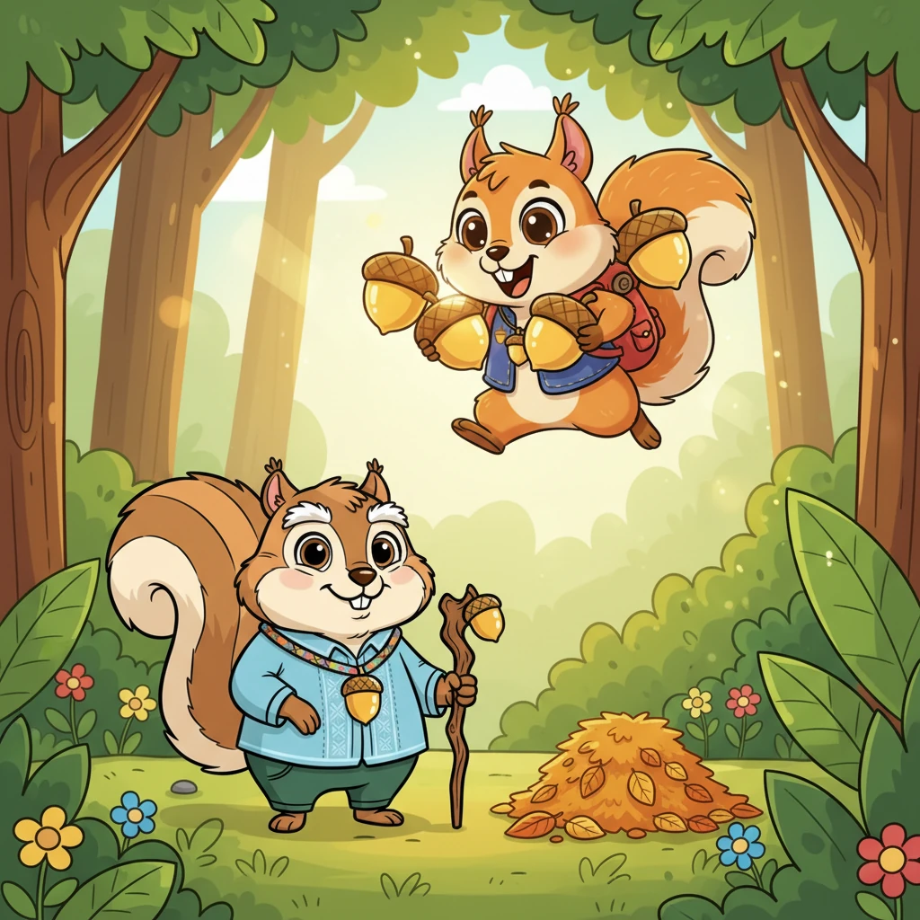 Nico, una ardilla muy enérgica, vivía en el vibrante Gran Bosque Verde. Cada lunes, el sabio Abuelo Roble le recompensaba con cinco brillantes Bellotas de Oro por su ayuda en la limpieza de las hojas. Nico saltaba de pura alegría, sus preciosas bellotas relucían bajo el sol.