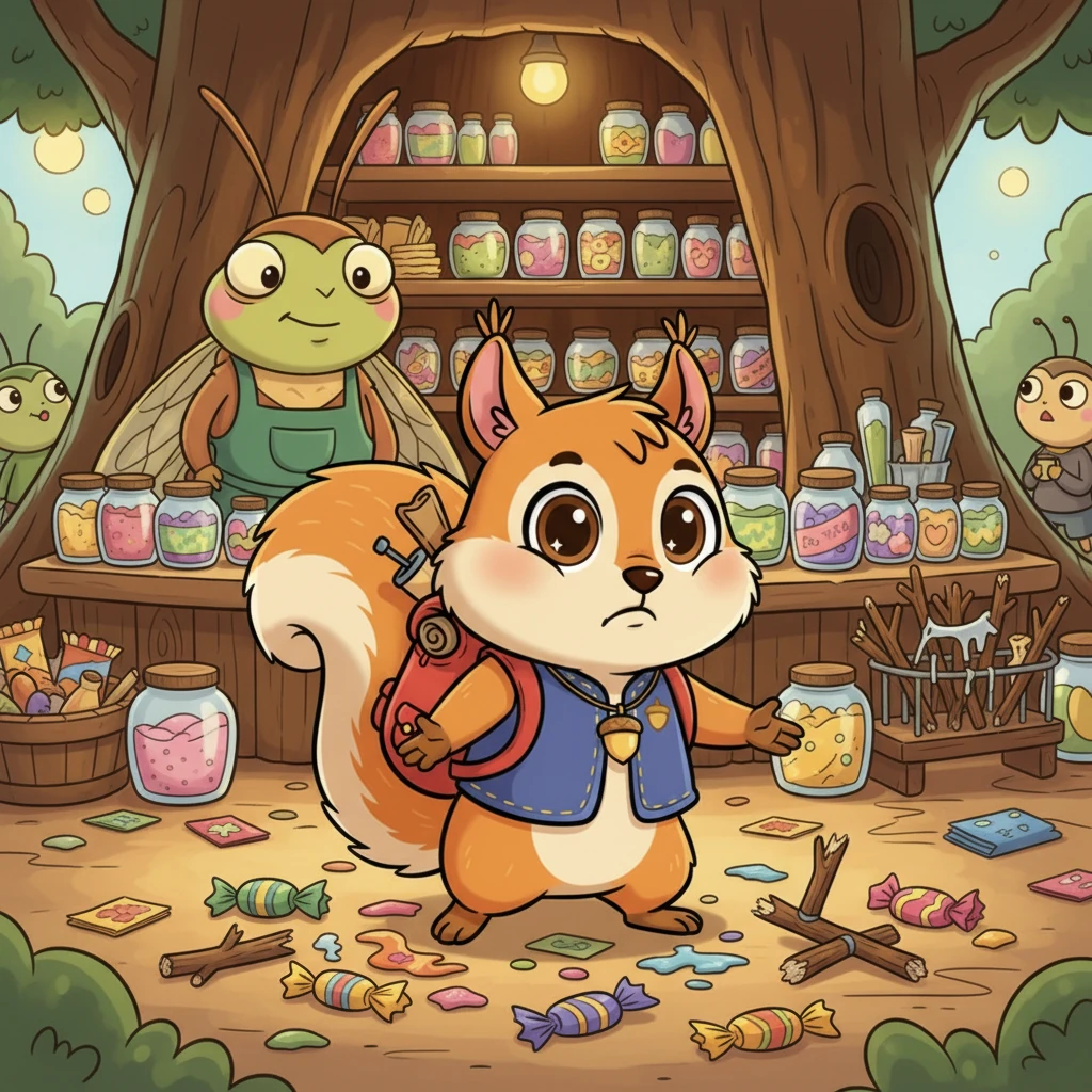 Sin perder un segundo, Nico corría a la bulliciosa tienda de la Cigarra. Allí, se atiborraba de dulces caramelos de savia y compraba juguetes de palitos que, para su frustración, se rompían al día siguiente. Pronto, Nico se encontraba con las manos vacías, rodeado de envoltorios pegajosos y juguetes destrozados.